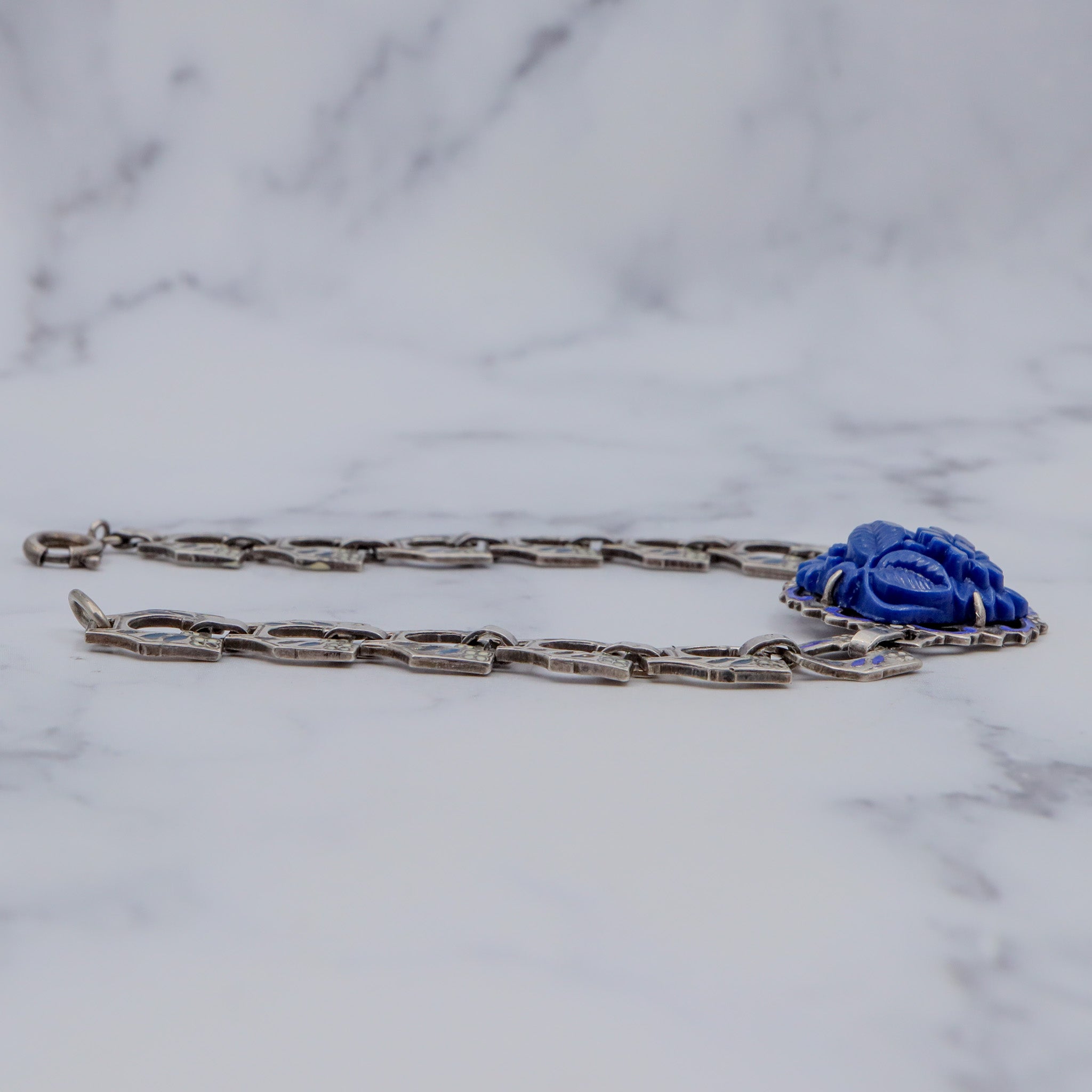 Antique Deco sterling molded blue lapis glass & enamel link bracelet