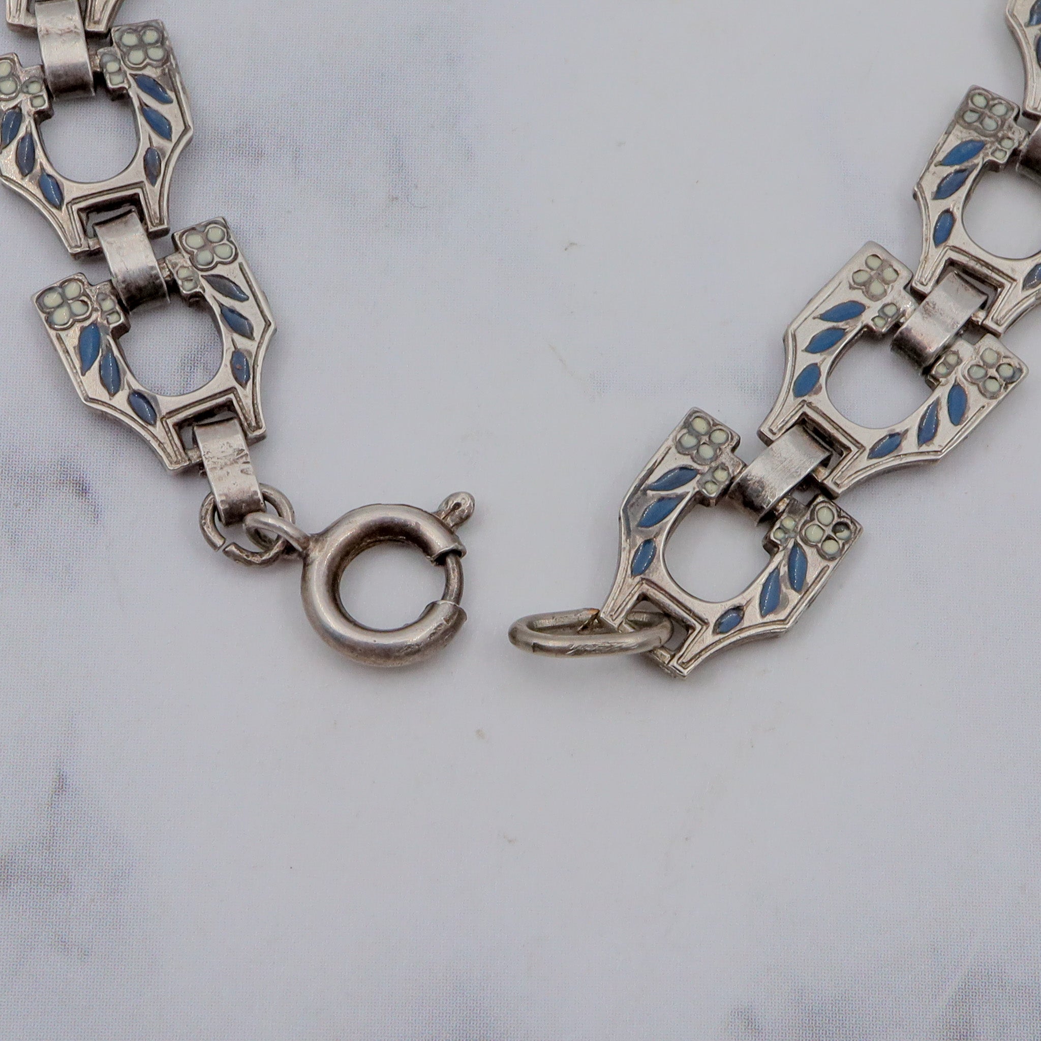 Antique Deco sterling molded blue lapis glass & enamel link bracelet