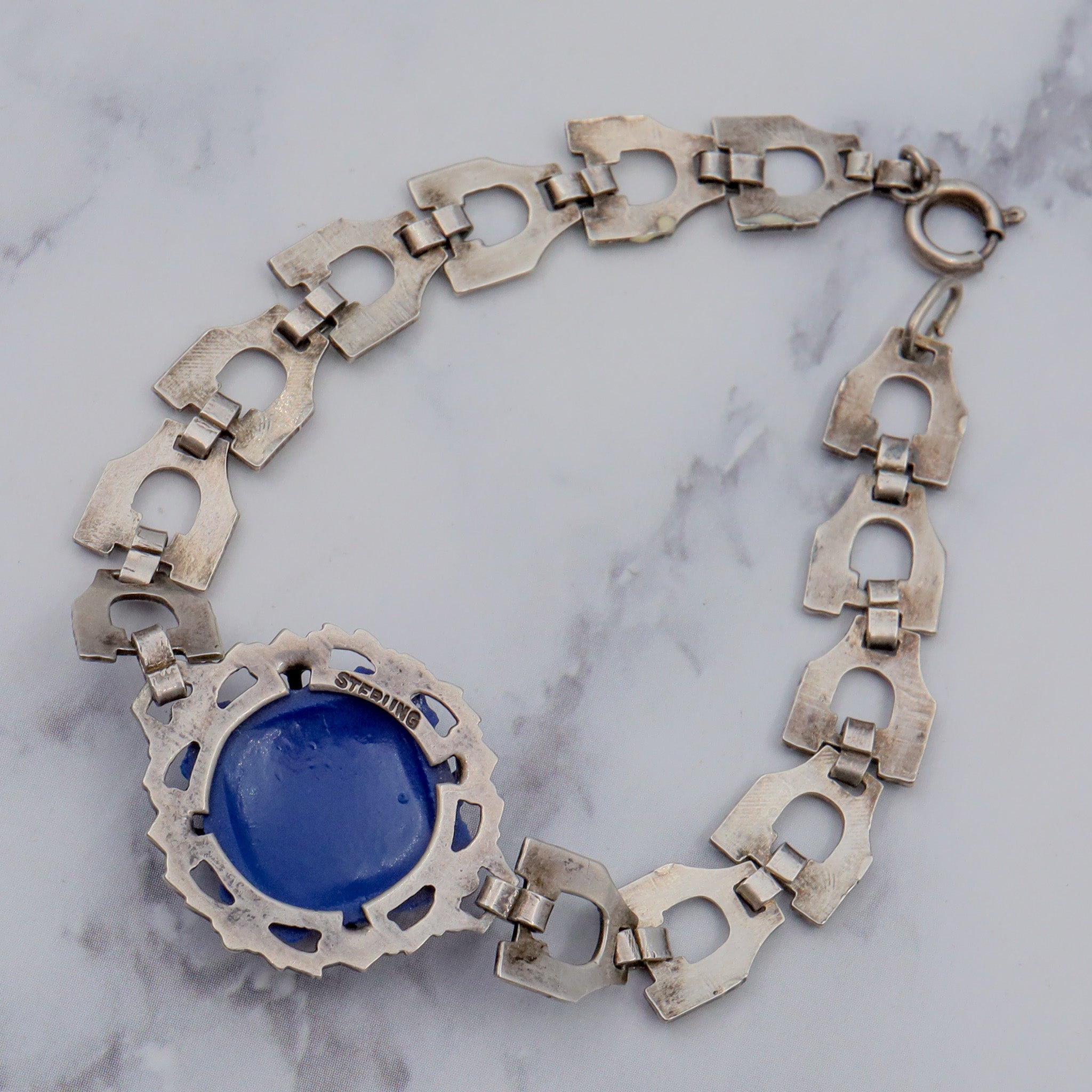 Antique Deco sterling molded blue lapis glass & enamel link bracelet