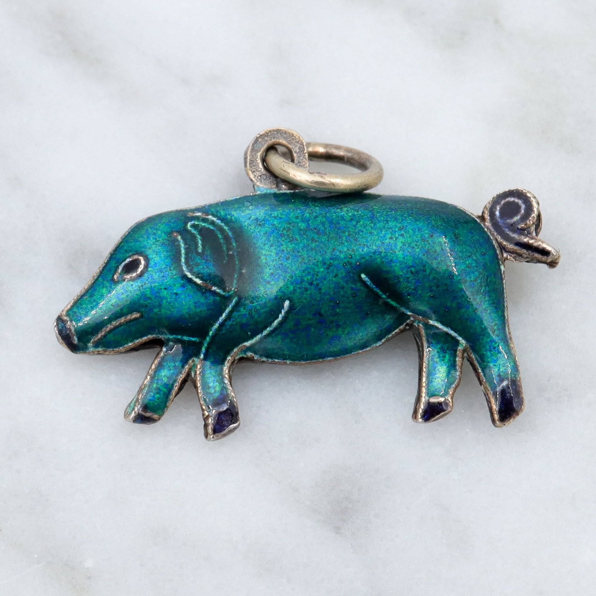Vintage Chinese export sterling silver & cloisonne enamel double sided blue pig charm