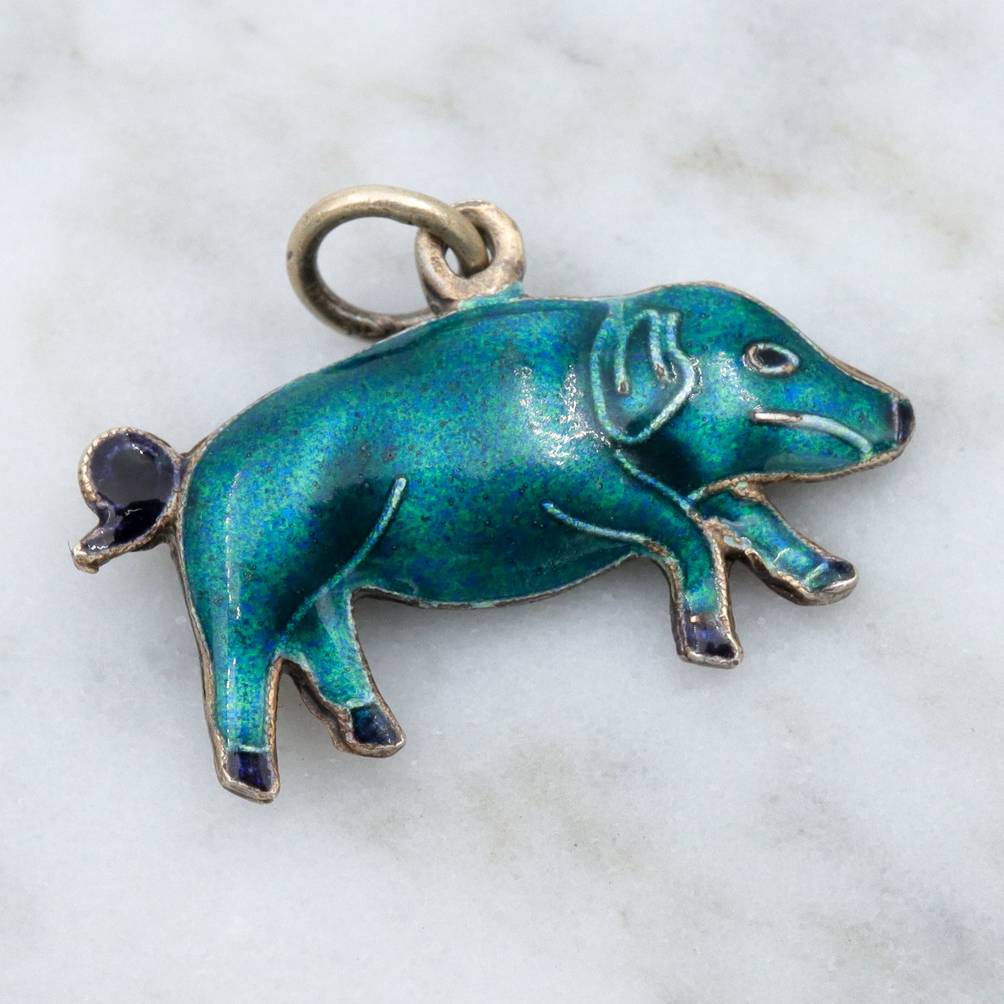Vintage Chinese export sterling silver & cloisonne enamel double sided blue pig charm