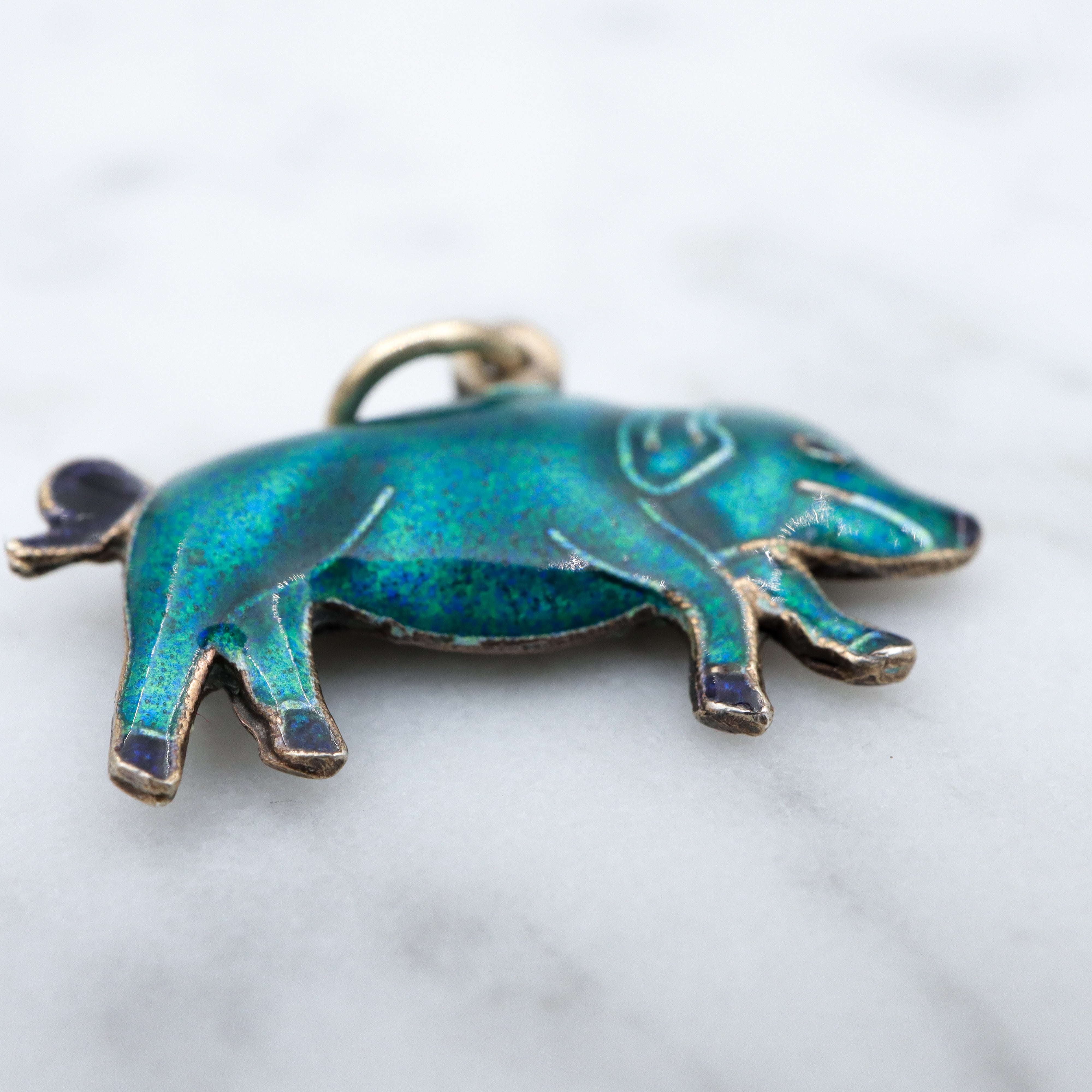 Vintage Chinese export sterling silver & cloisonne enamel double sided blue pig charm