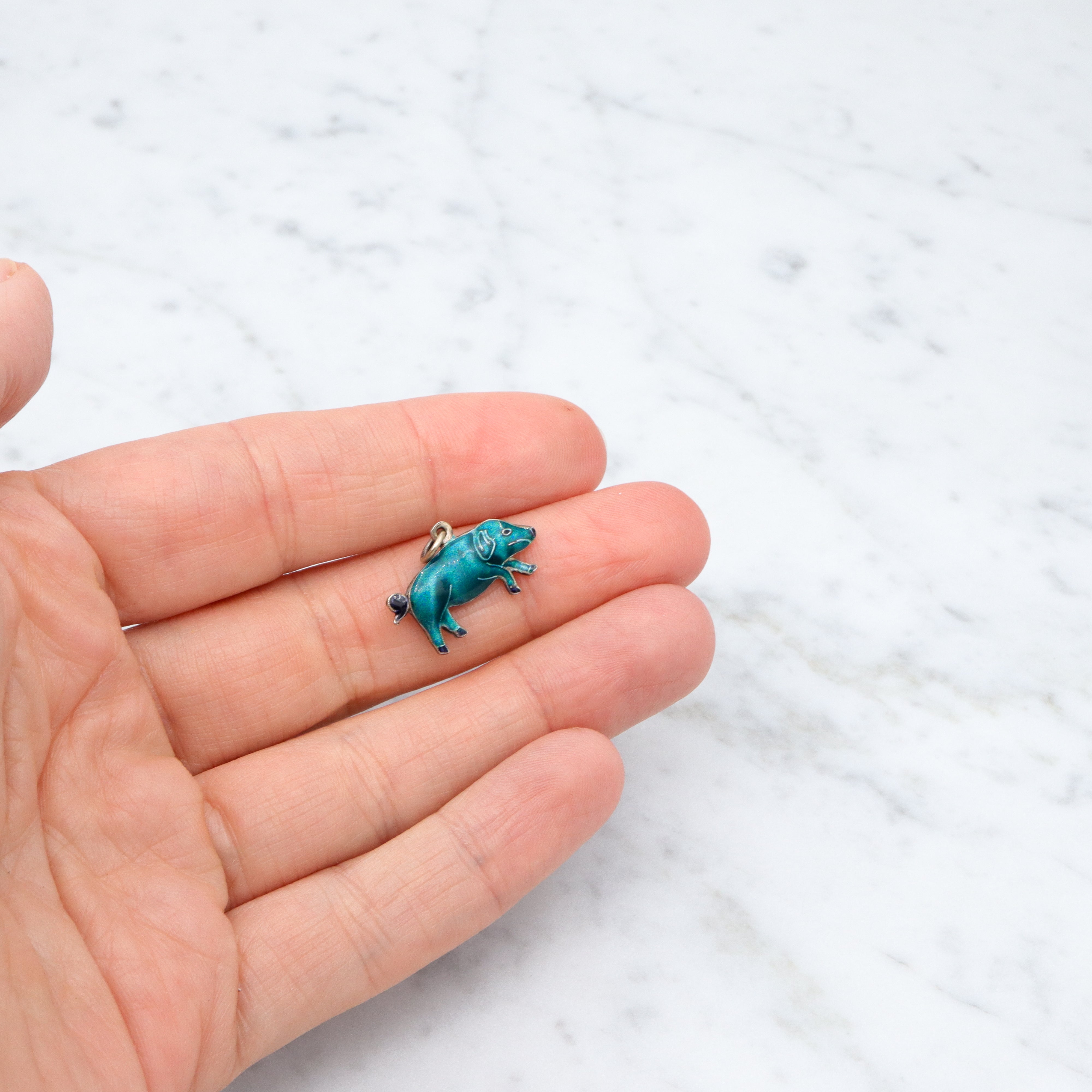 Vintage Chinese export sterling silver & cloisonne enamel double sided blue pig charm