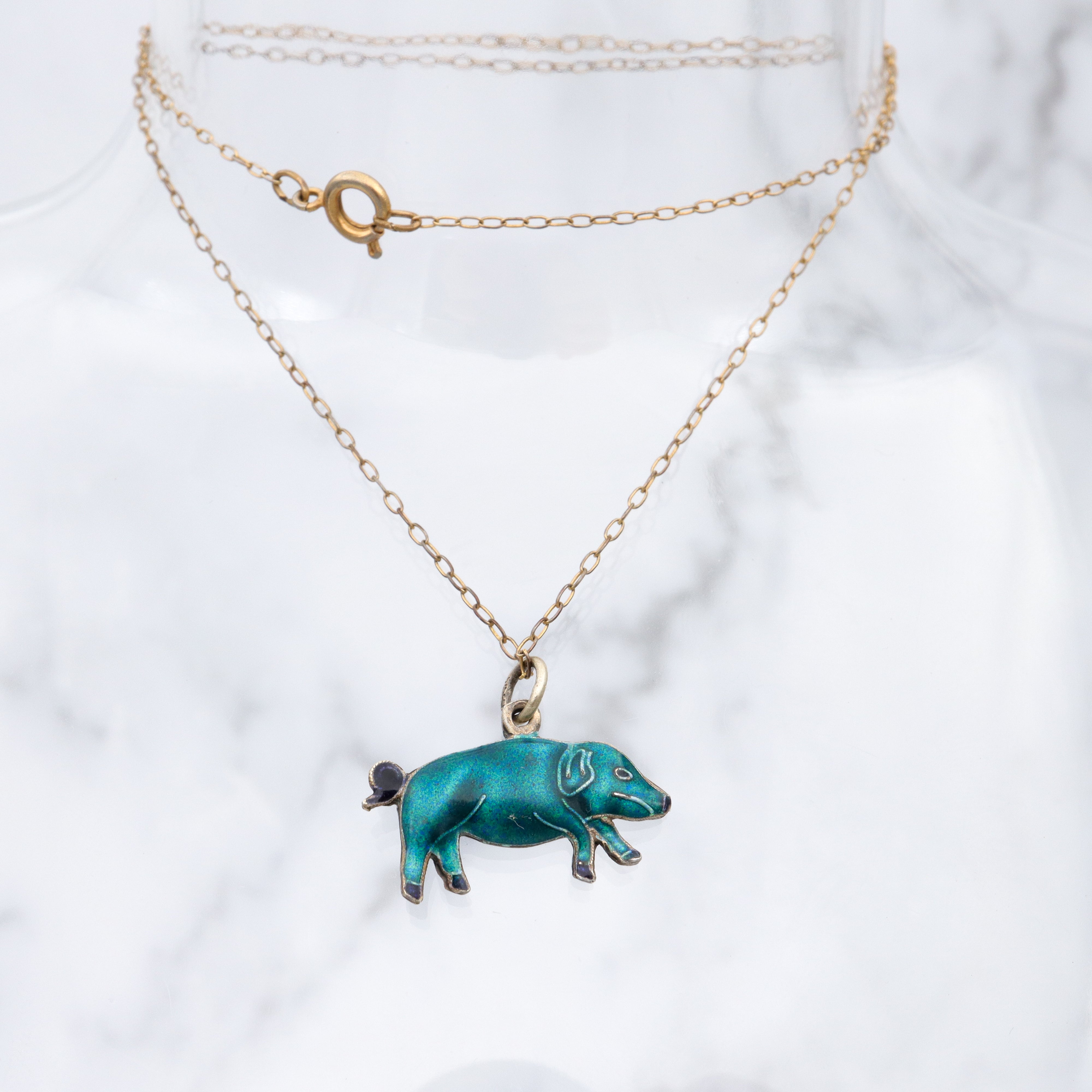 Vintage Chinese export sterling silver & cloisonne enamel double sided blue pig charm