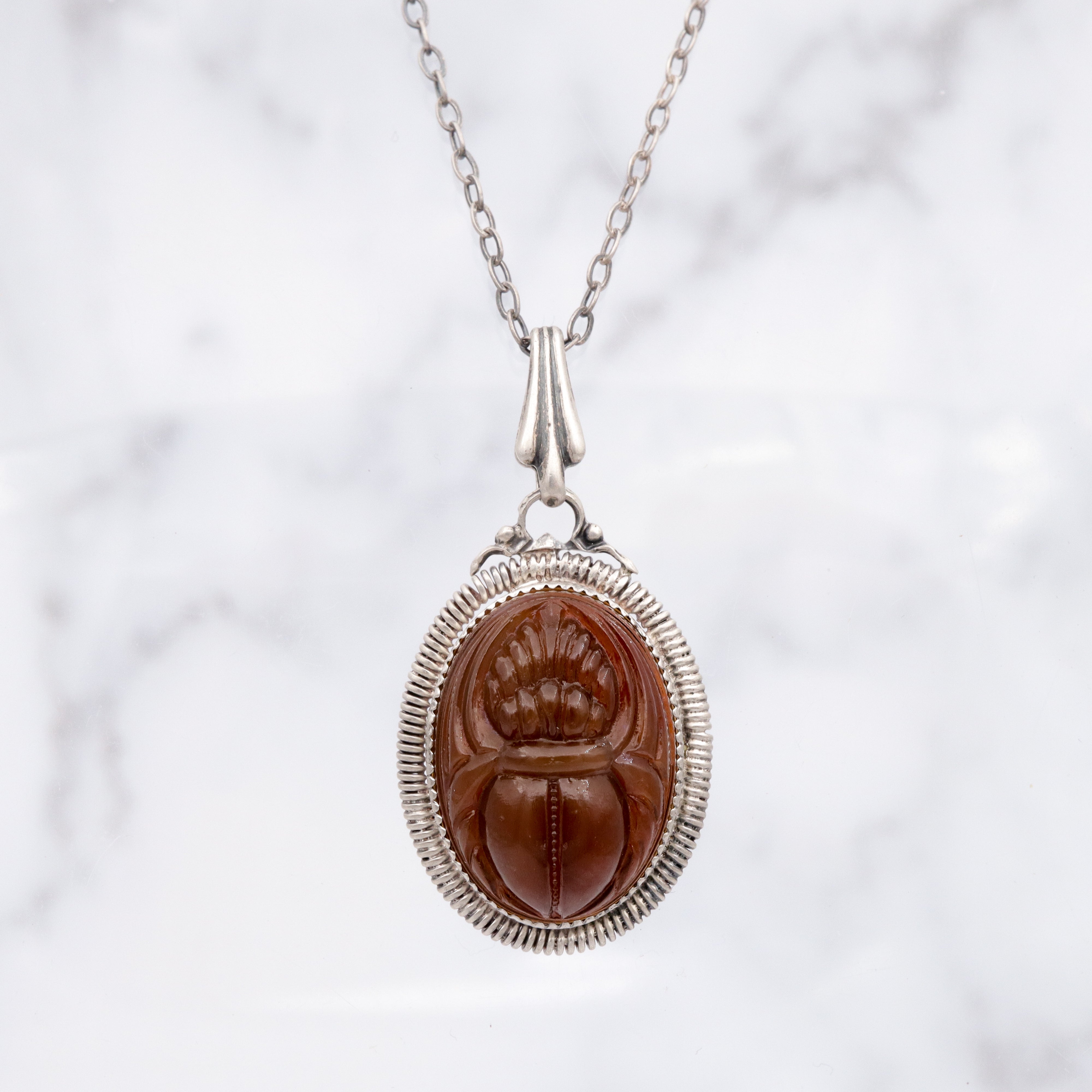 Antique Victorian sterling & brown slag glass scarab necklace