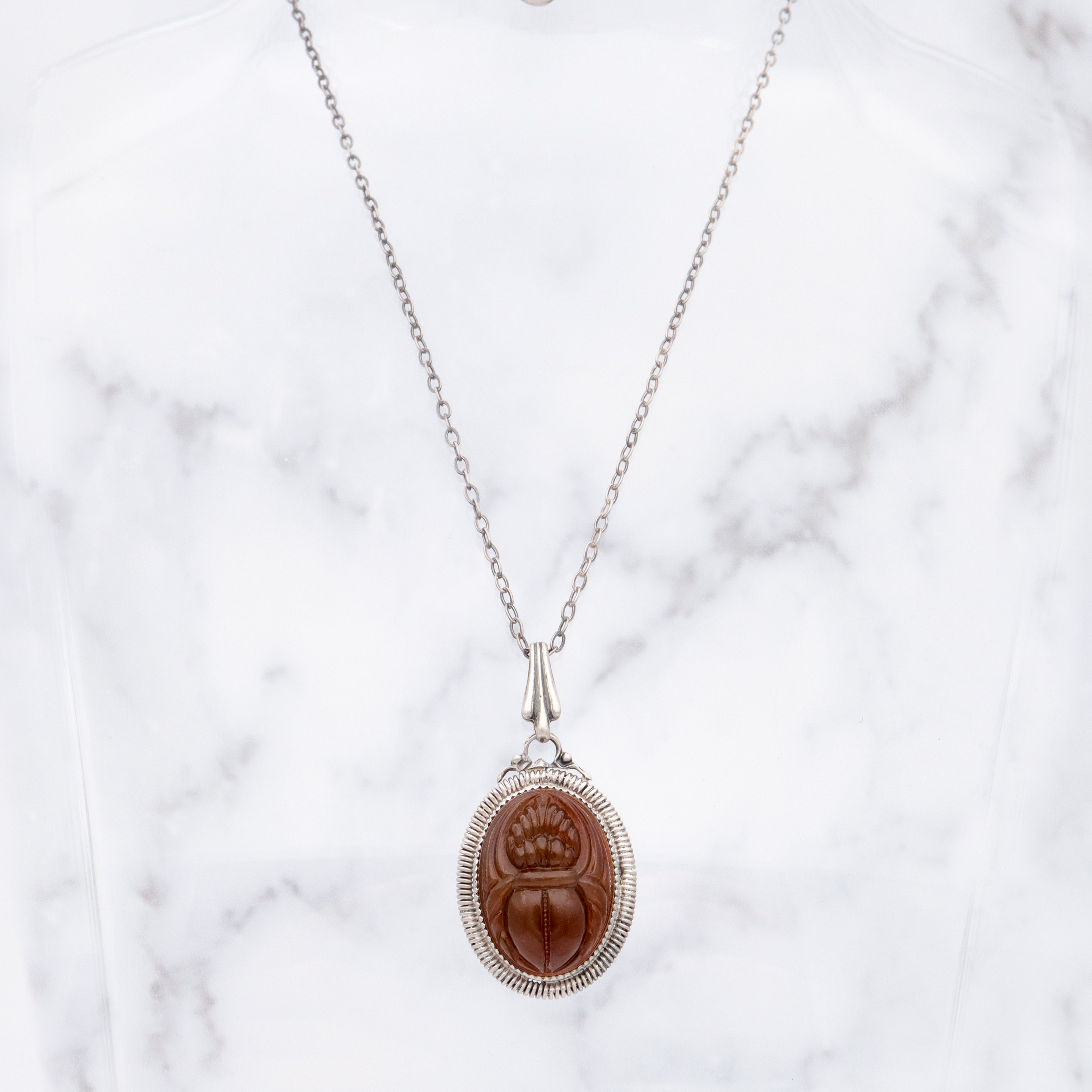 Antique Victorian sterling & brown slag glass scarab necklace