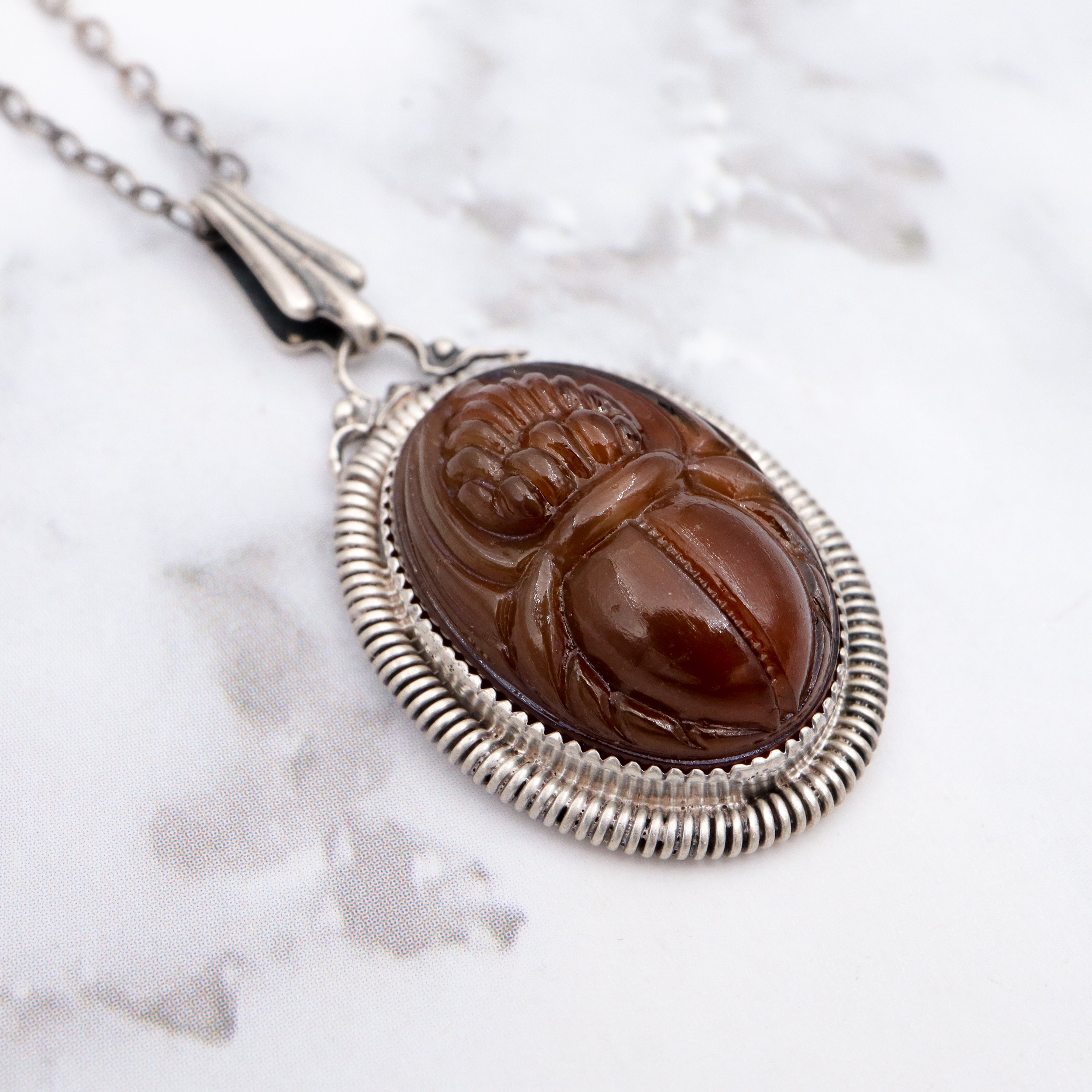 Antique Victorian sterling & brown slag glass scarab necklace