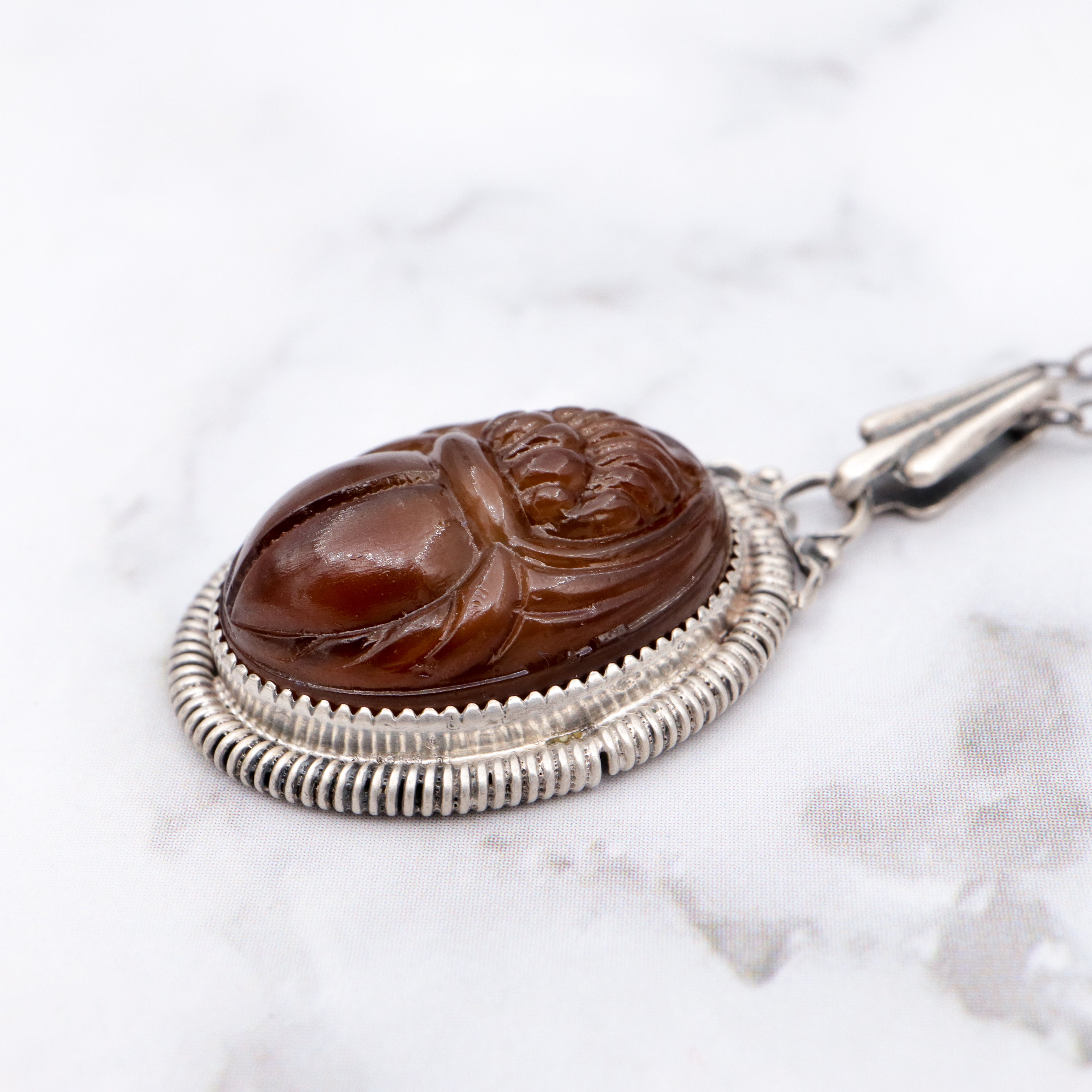 Antique Victorian sterling & brown slag glass scarab necklace