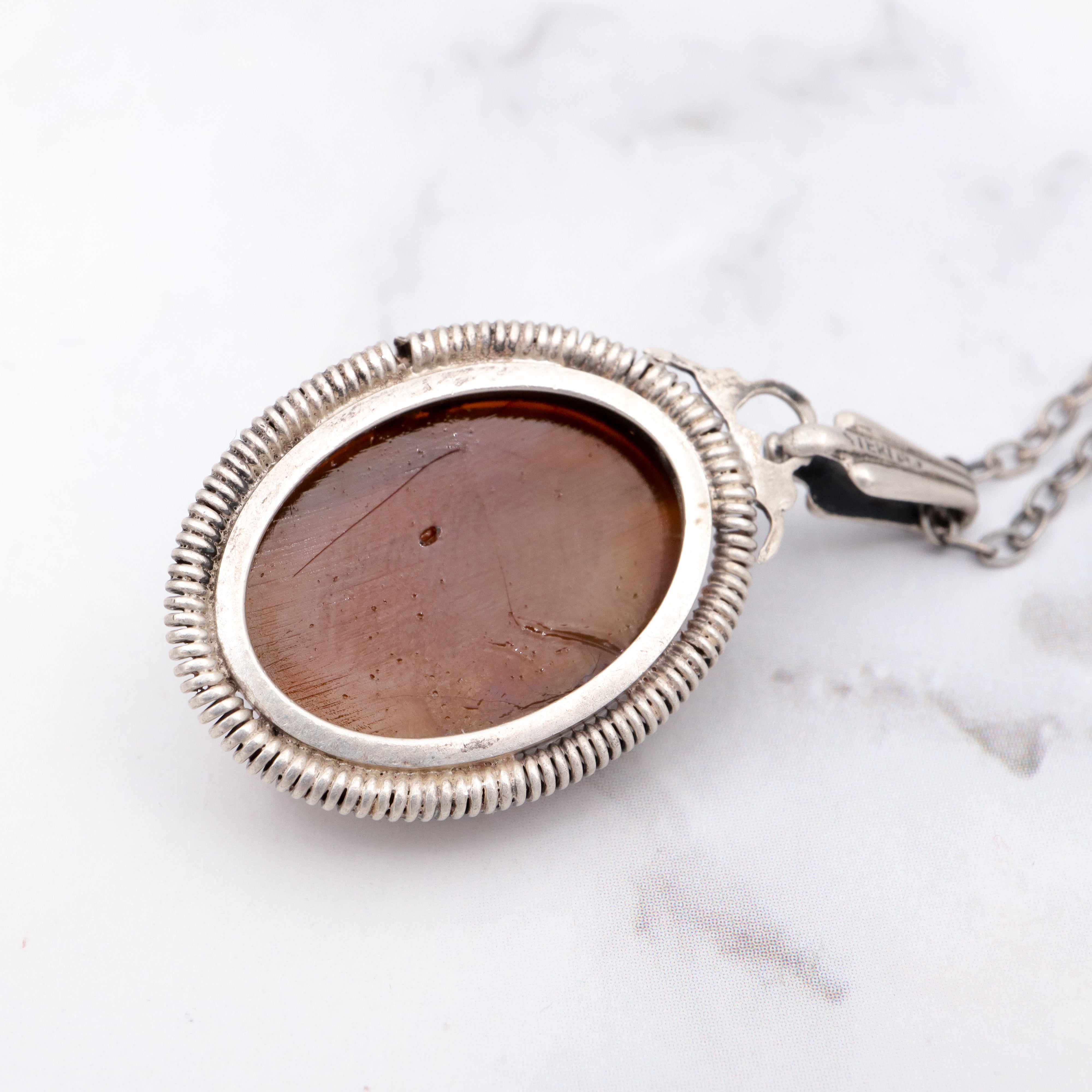 Antique Victorian sterling & brown slag glass scarab necklace