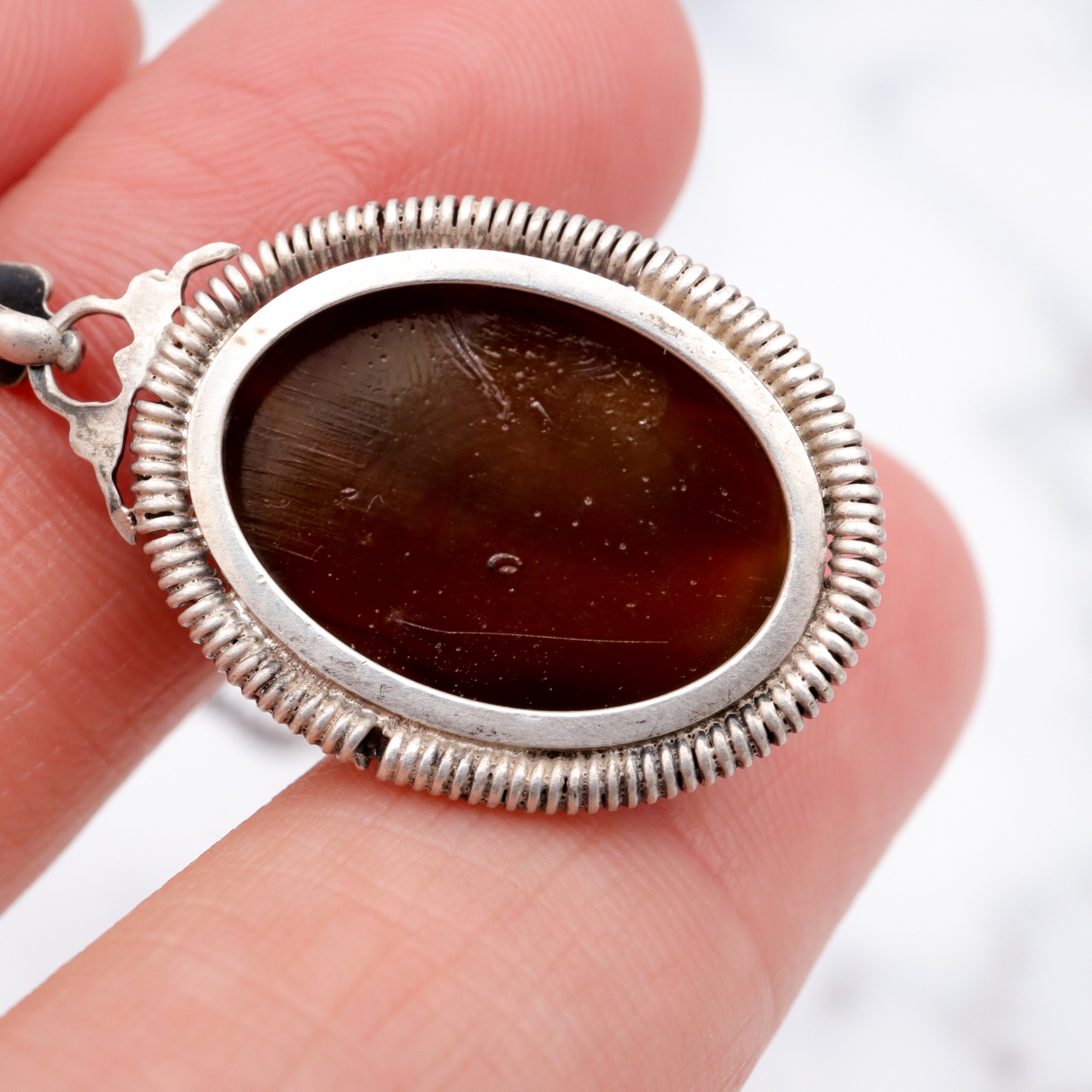 Antique Victorian sterling & brown slag glass scarab necklace