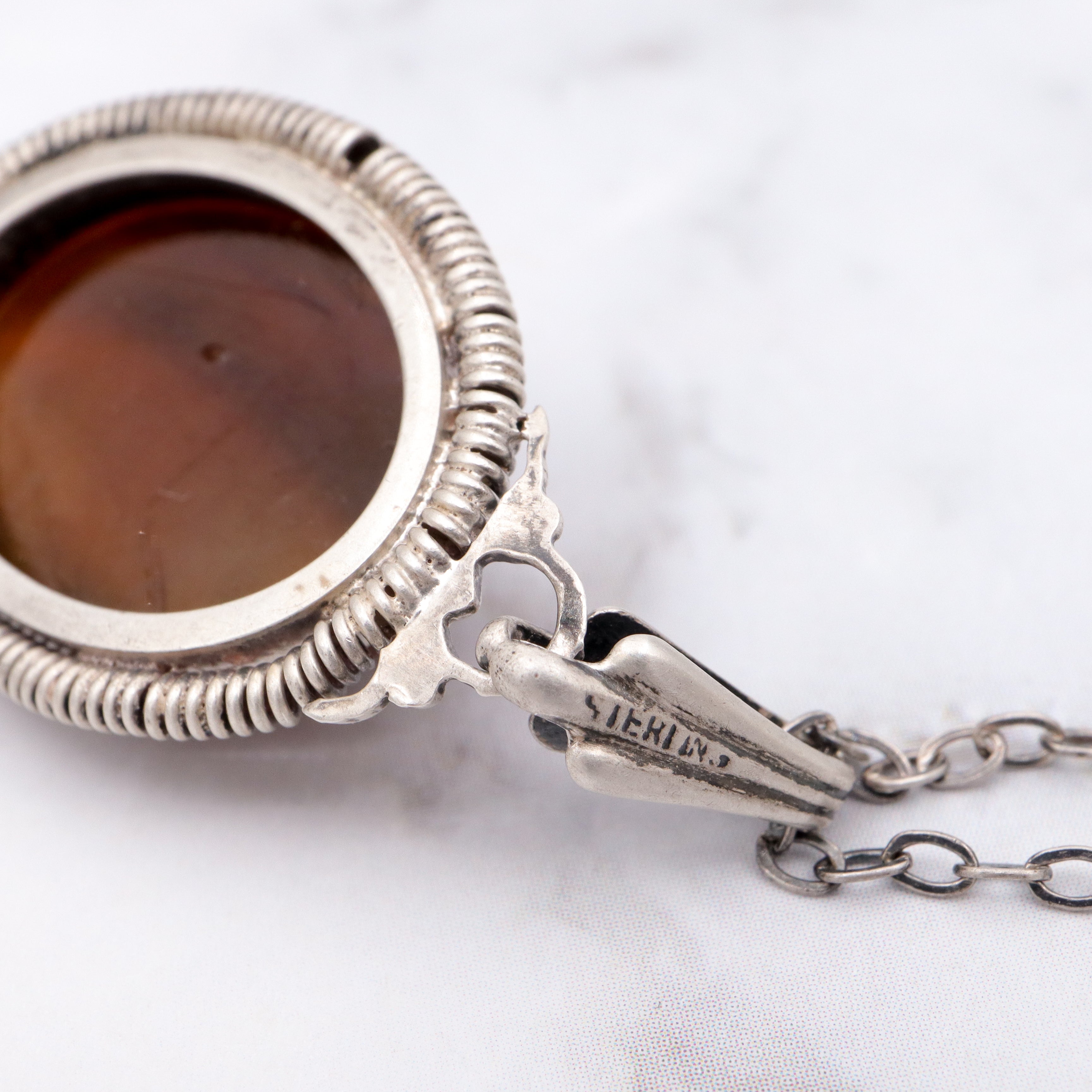 Antique Victorian sterling & brown slag glass scarab necklace