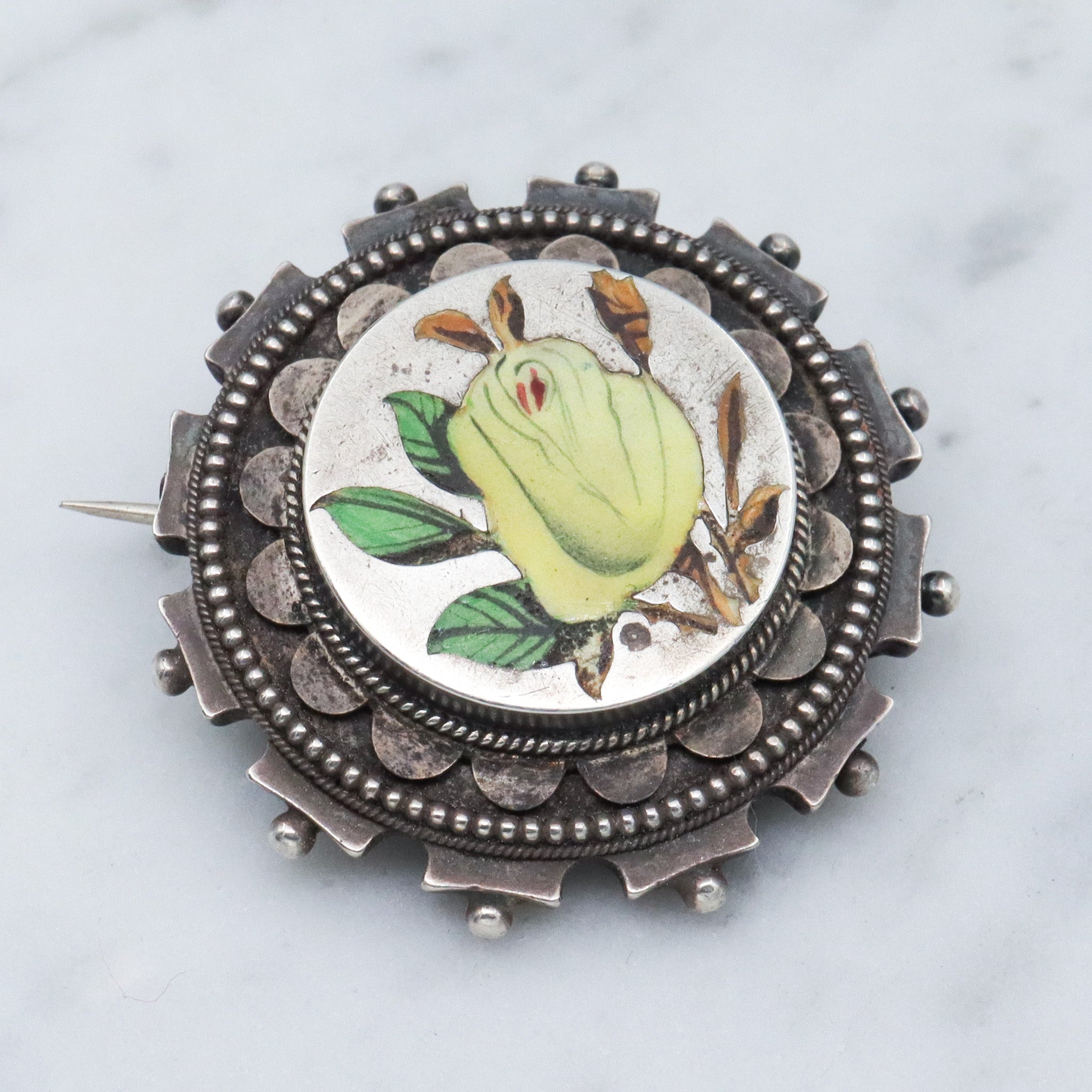 Antique Aesthetic sterling silver & enamel brooch with locket back