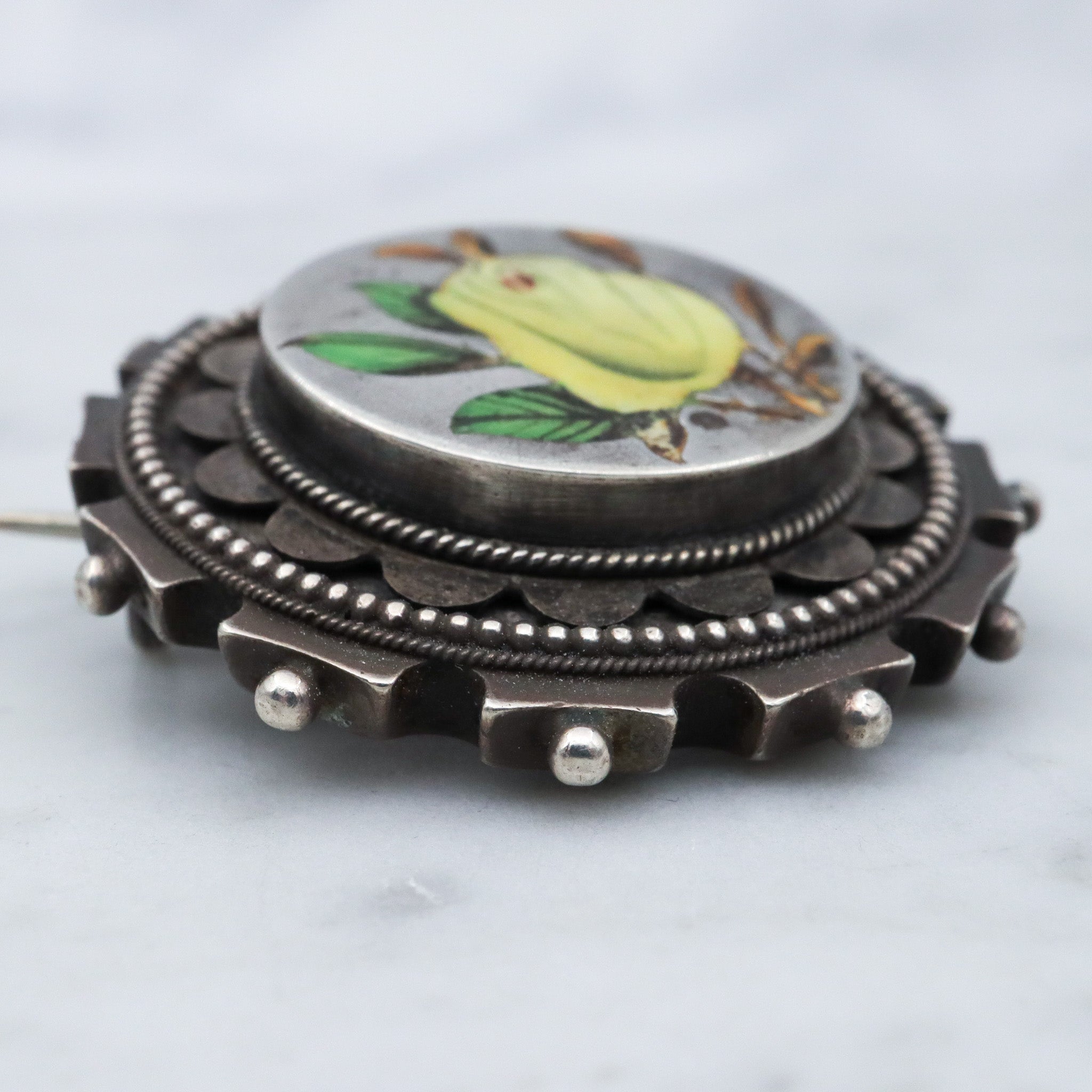 Antique Aesthetic sterling silver & enamel brooch with locket back
