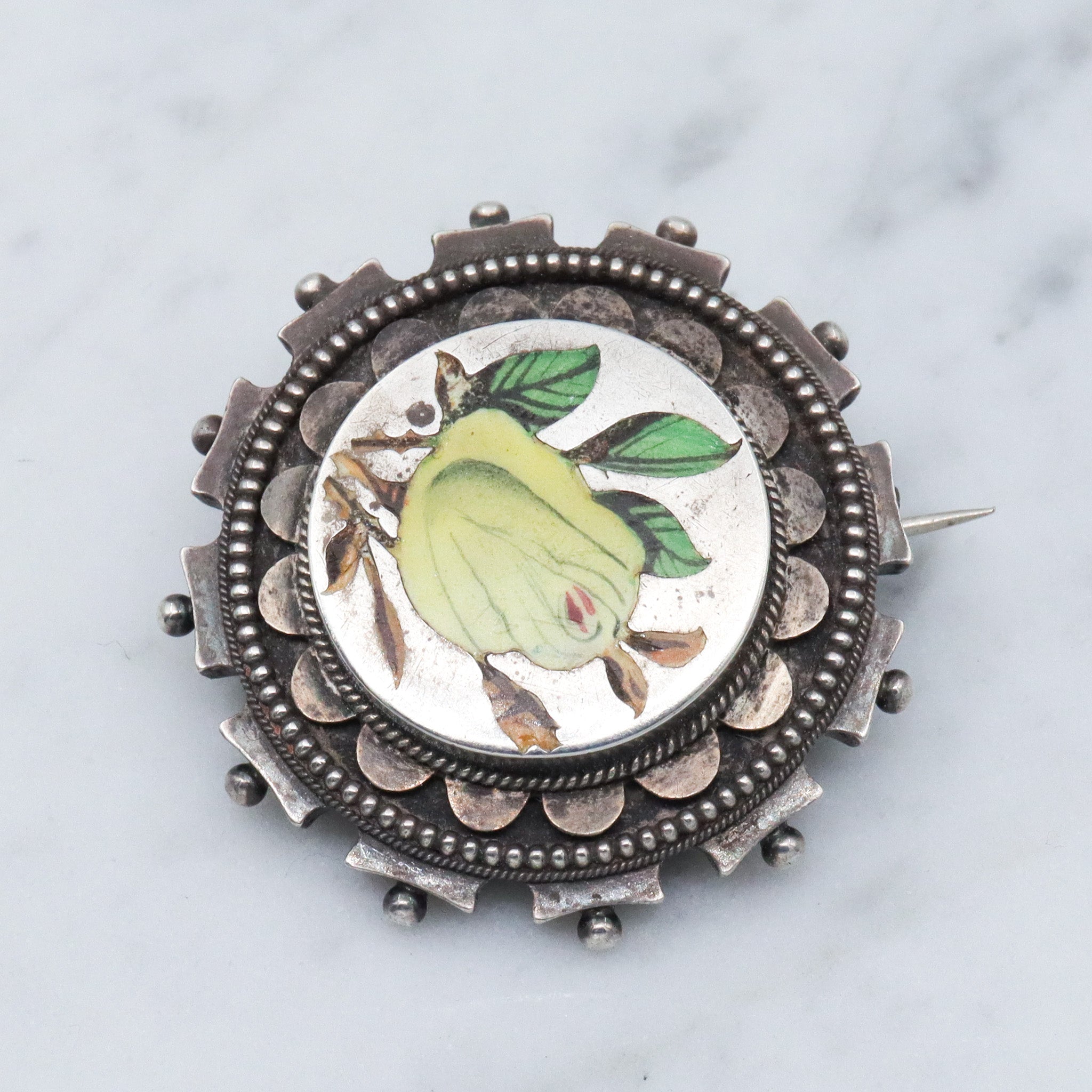 Antique Aesthetic sterling silver & enamel brooch with locket back