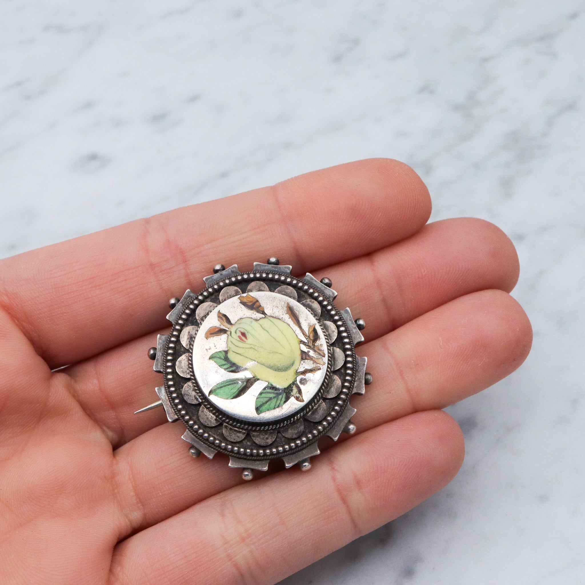 Antique Aesthetic sterling silver & enamel brooch with locket back