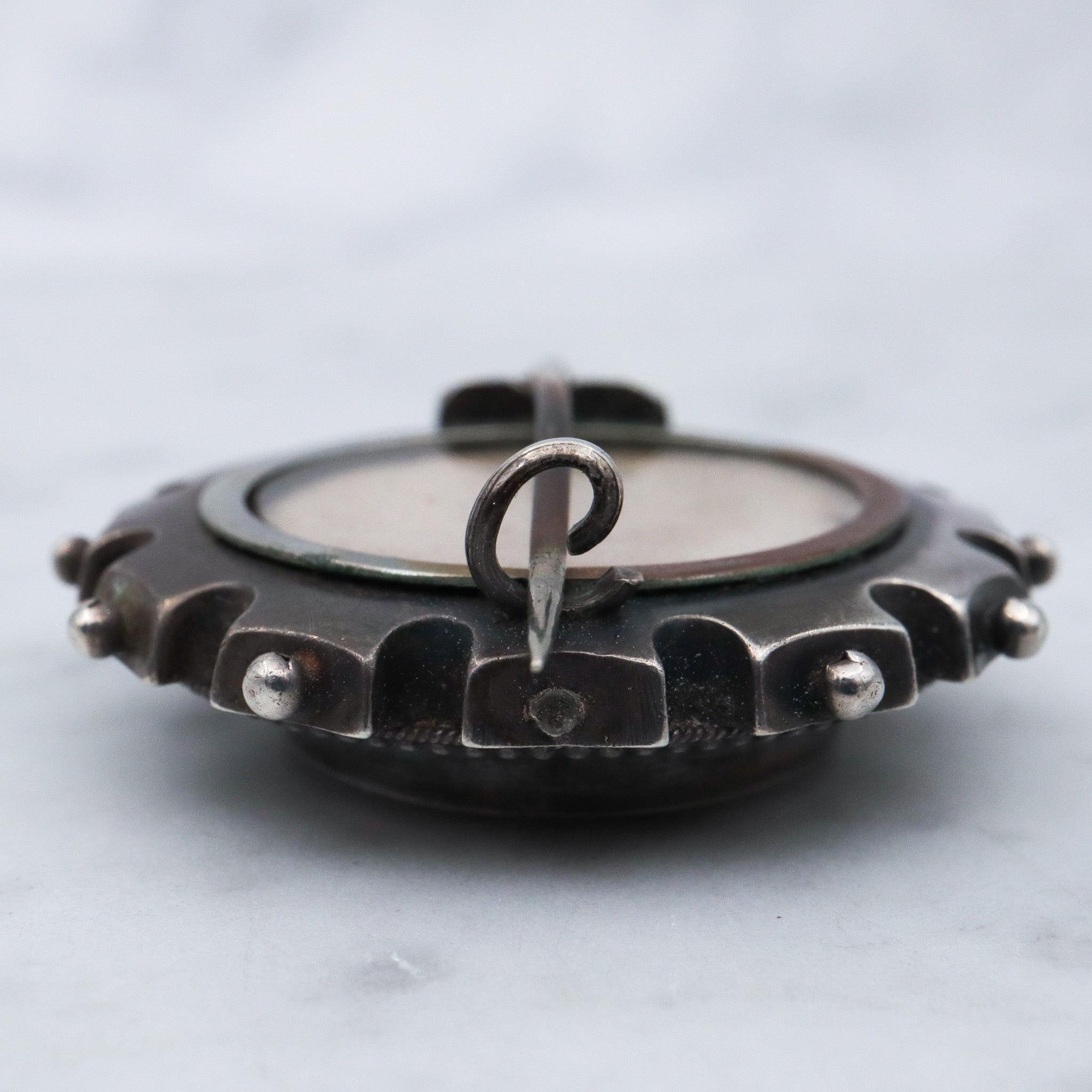 Antique Aesthetic sterling silver & enamel brooch with locket back