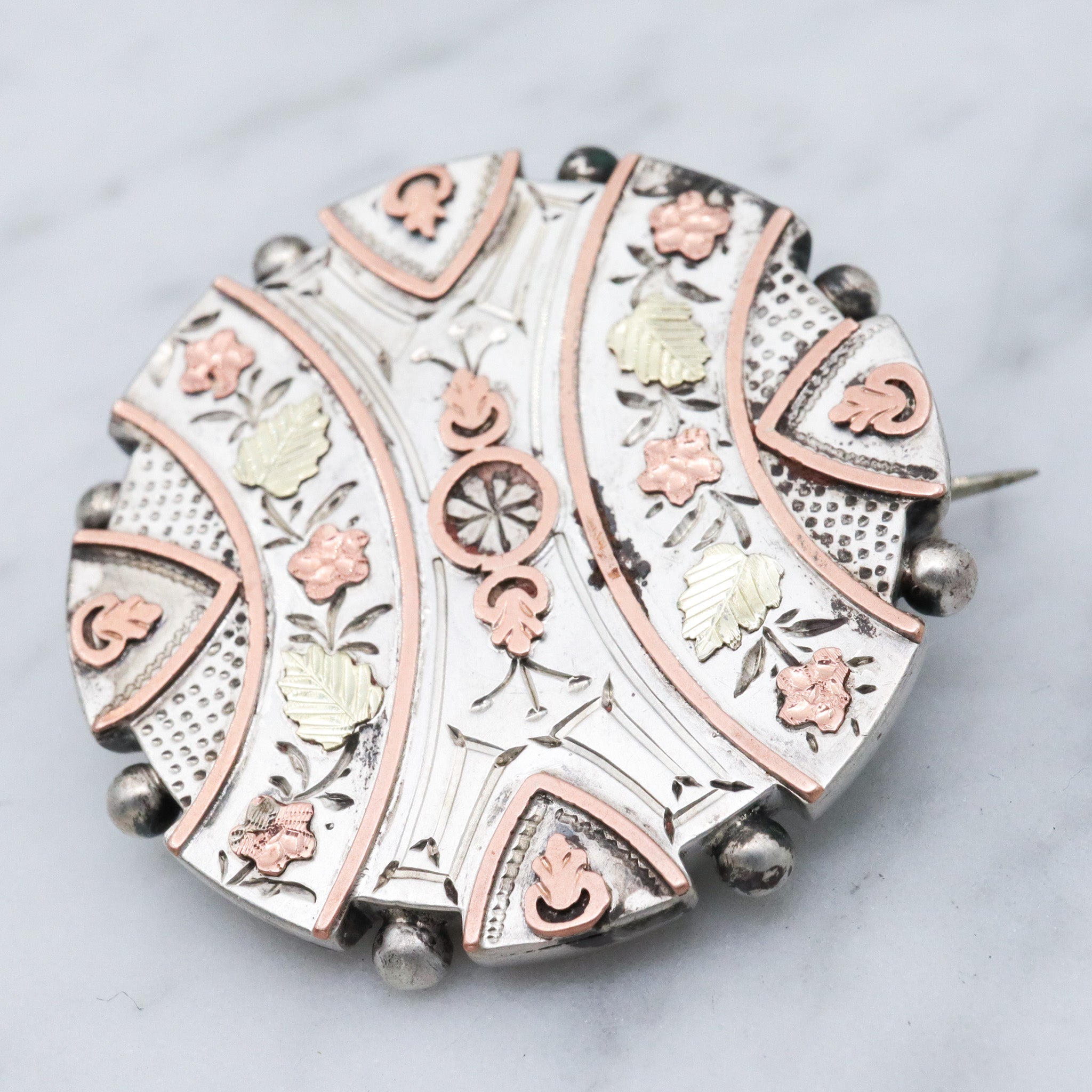 Antique Victorian Aesthetic sterling silver mixed metals rondel brooch