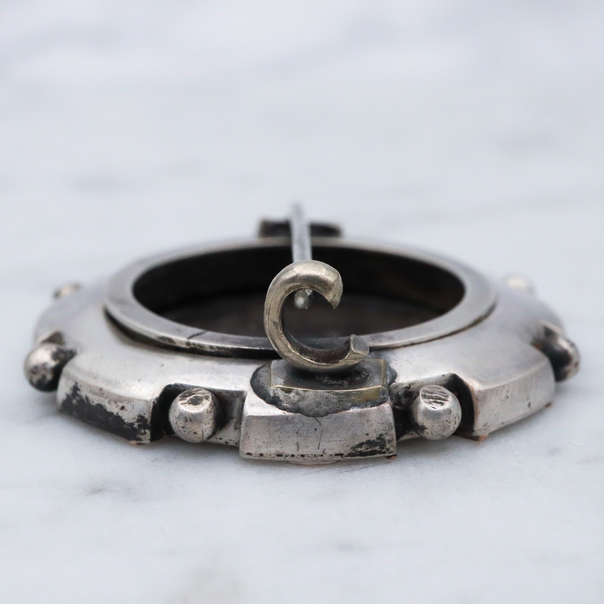 Antique Victorian Aesthetic sterling silver mixed metals rondel brooch