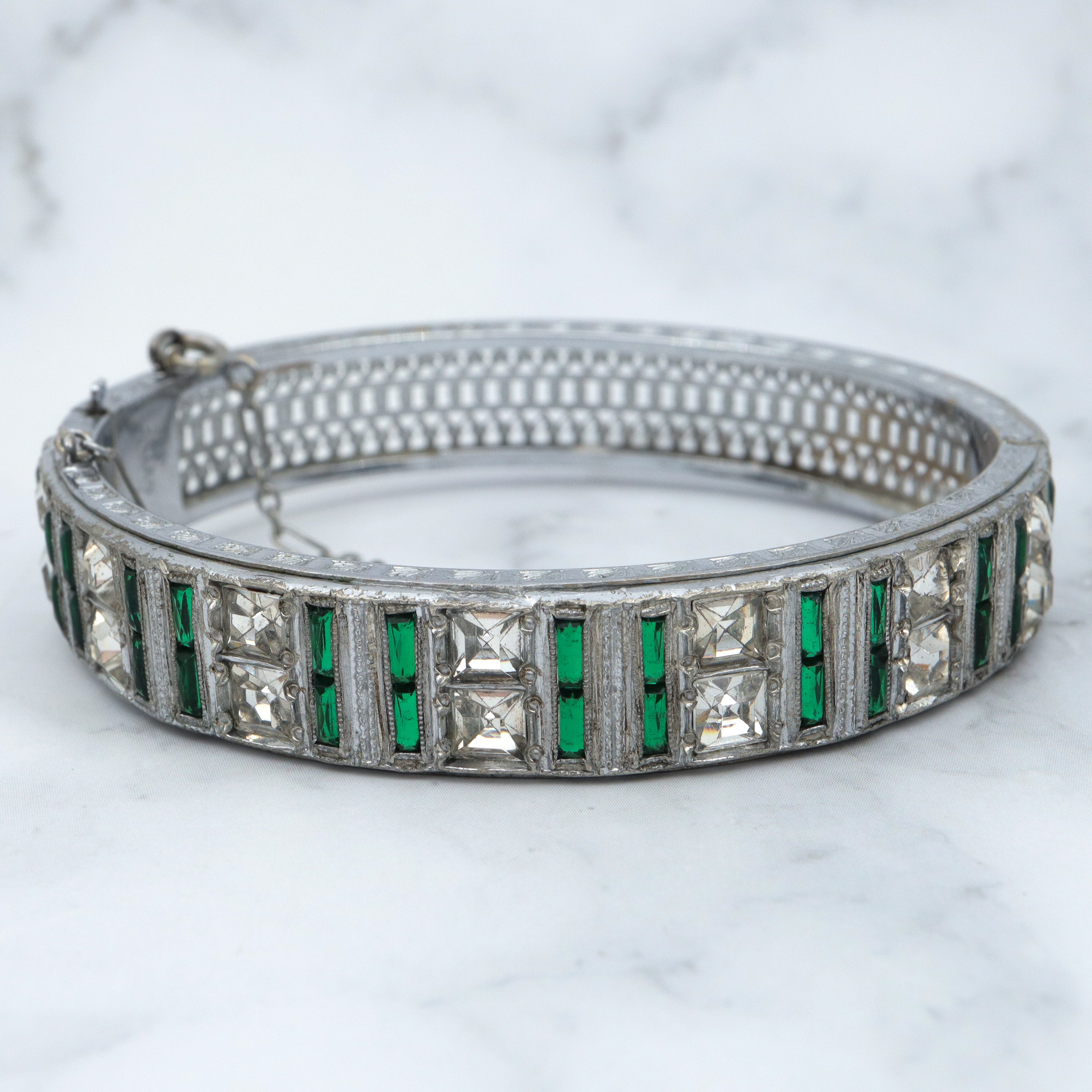 Antique Art Deco Alico rhodium-plated rhinestone hinged bangle