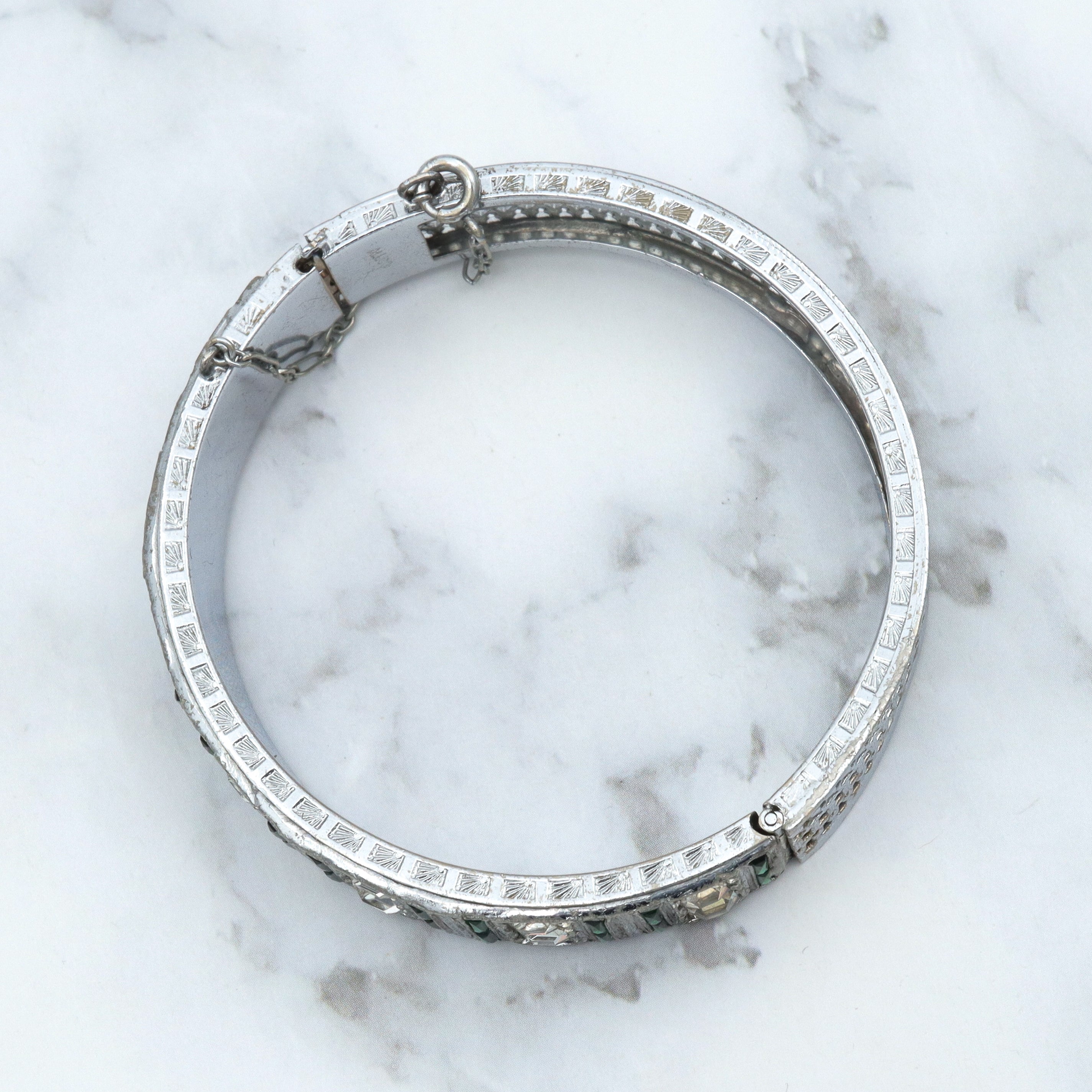 Antique Art Deco Alico rhodium-plated rhinestone hinged bangle