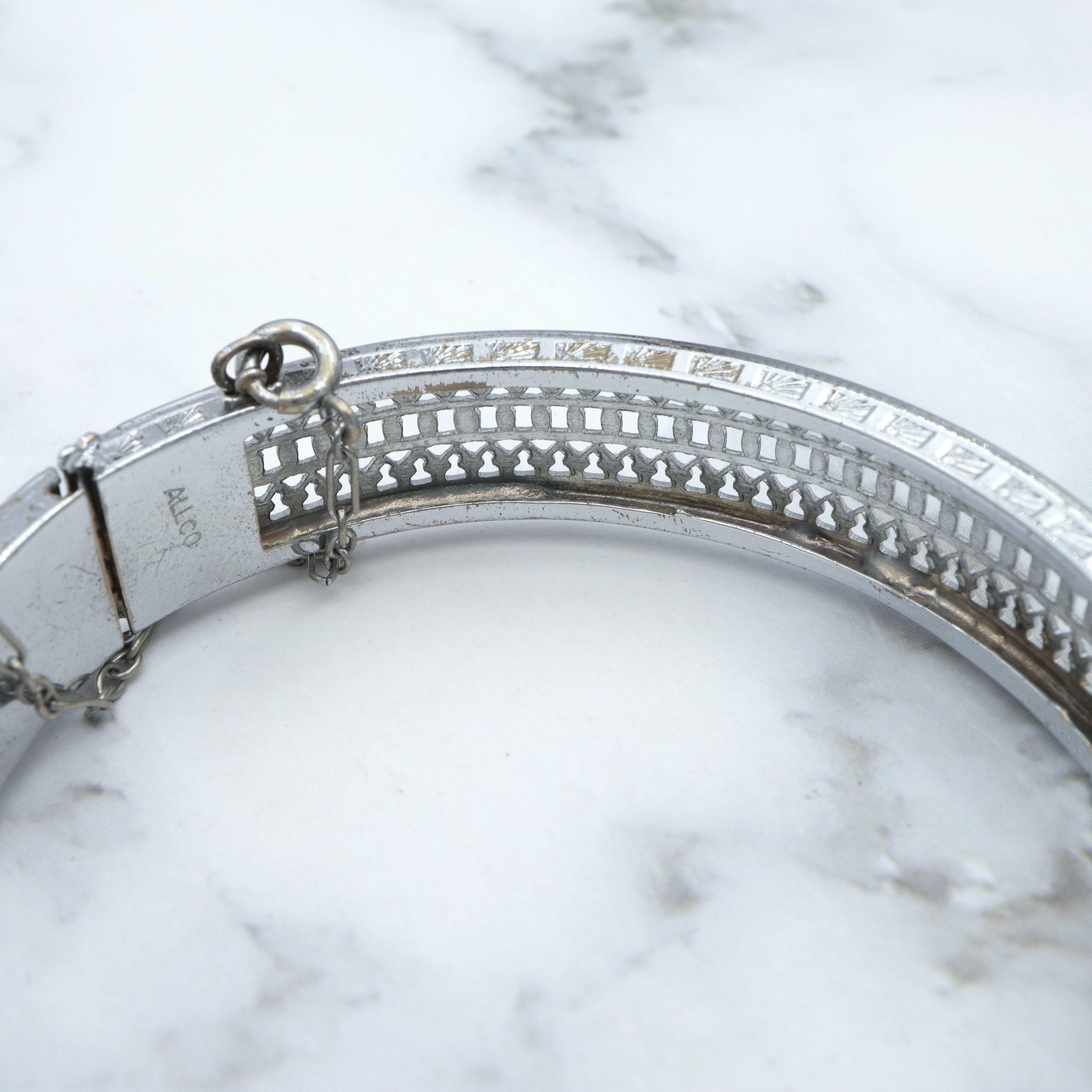 Antique Art Deco Alico rhodium-plated rhinestone hinged bangle