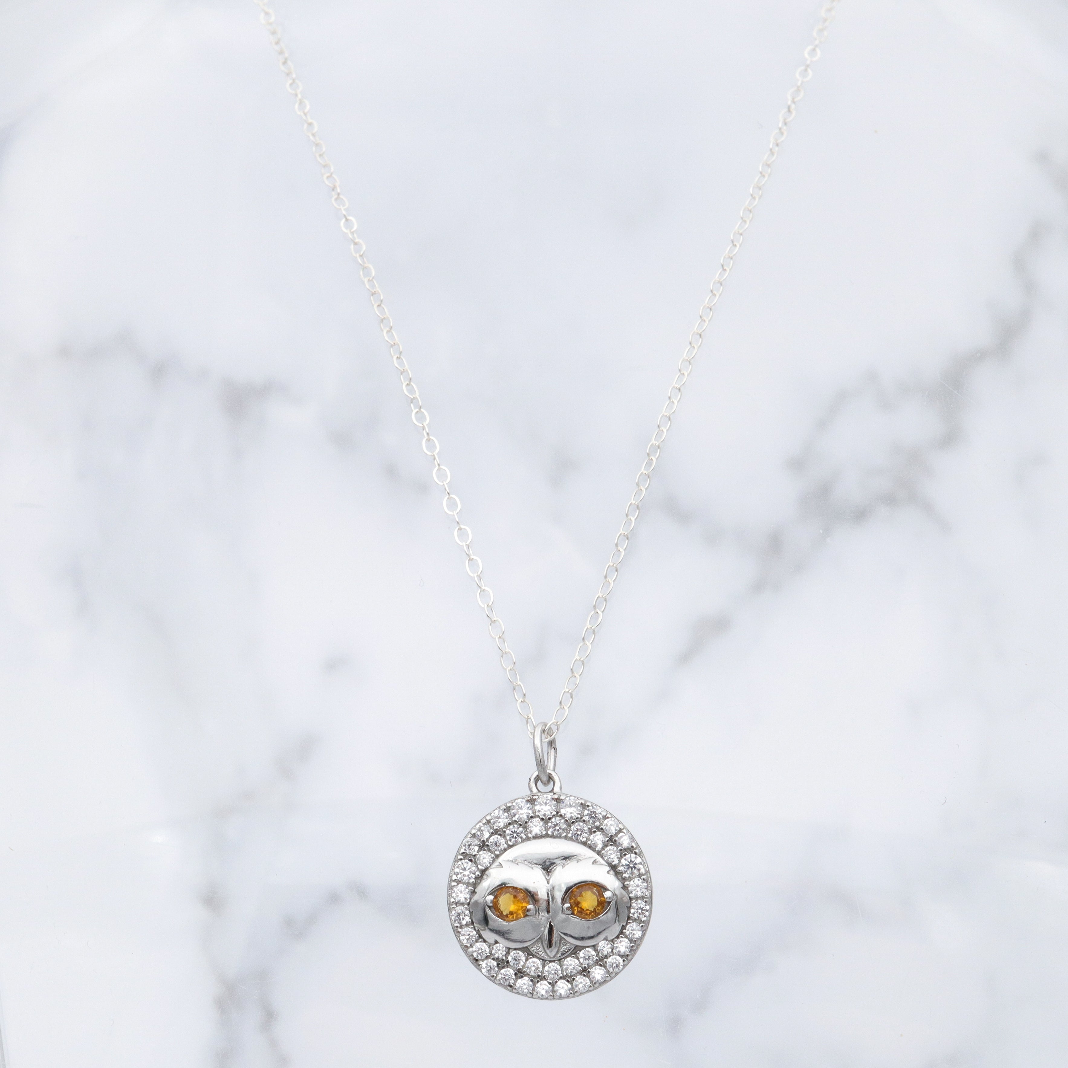 Vintage sterling, citrine glass and cubic zirconia owl pendant