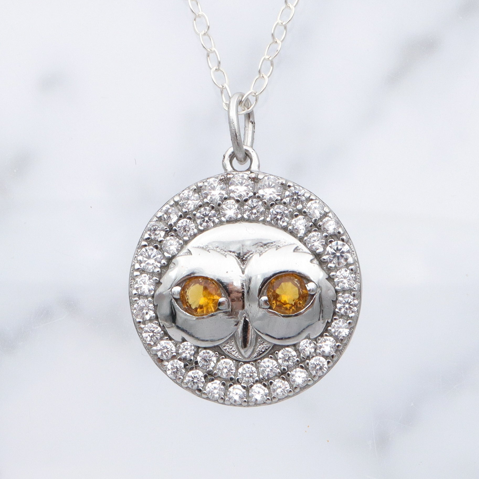 Vintage sterling, citrine glass and cubic zirconia owl pendant