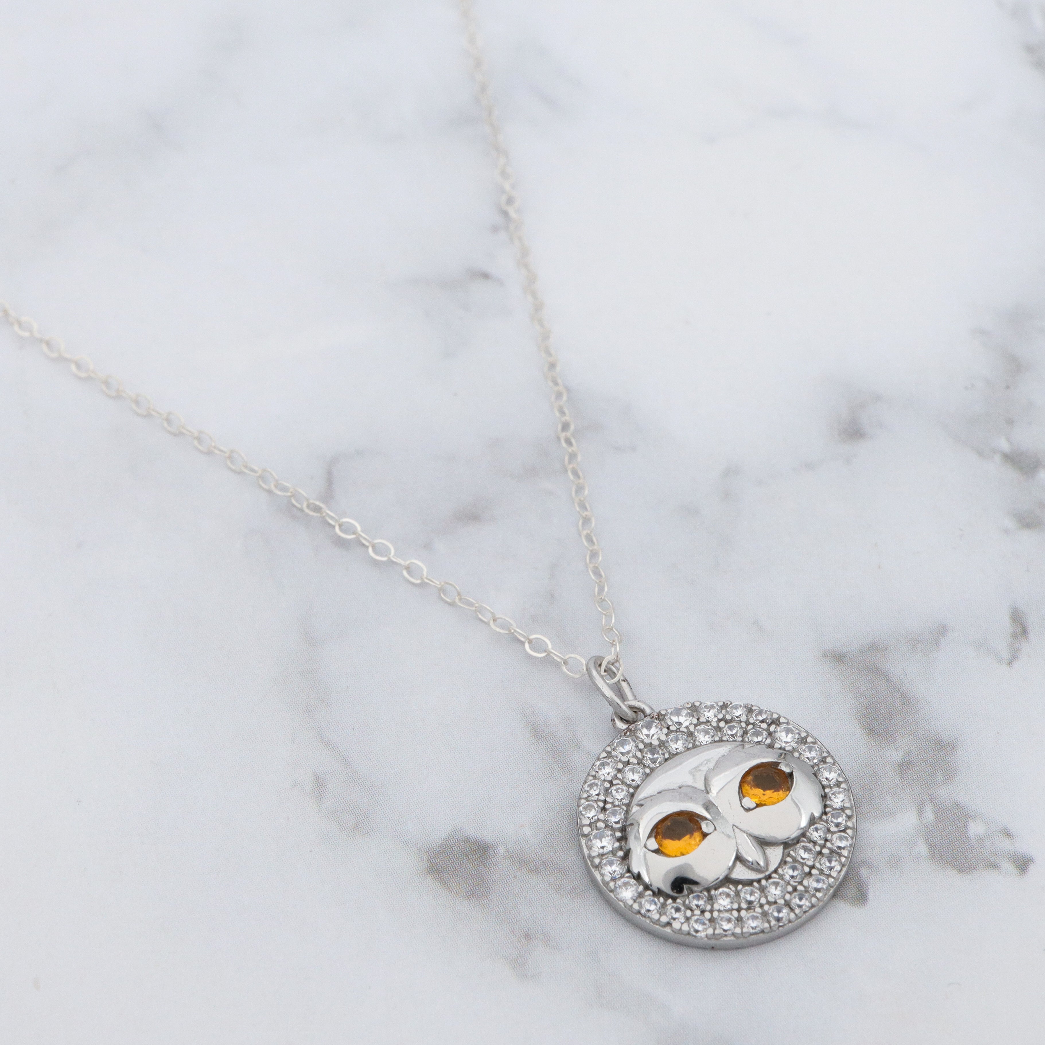 Vintage sterling, citrine glass and cubic zirconia owl pendant