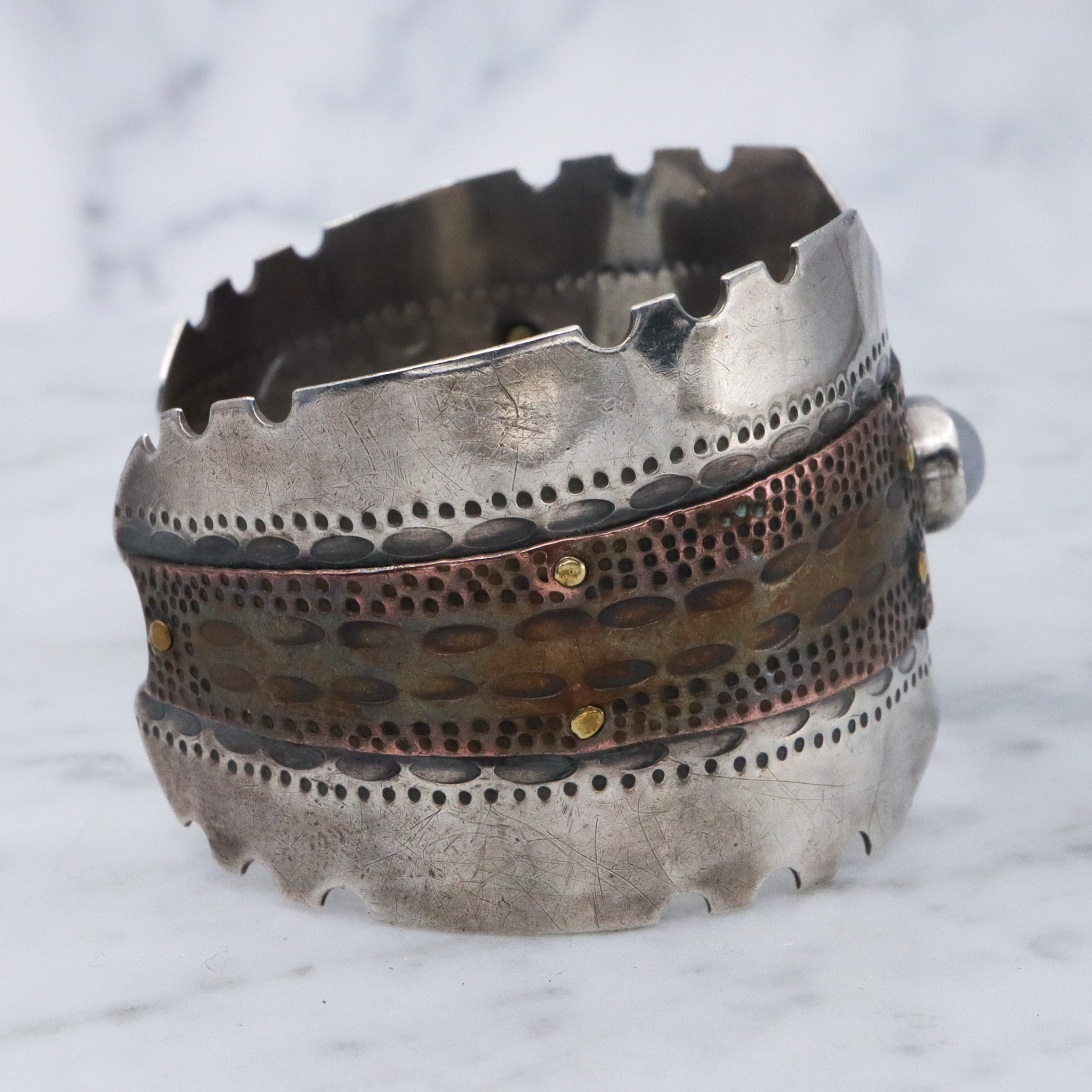 Vintage sterling silver & copper cuff bracelet with cats eye cabochon