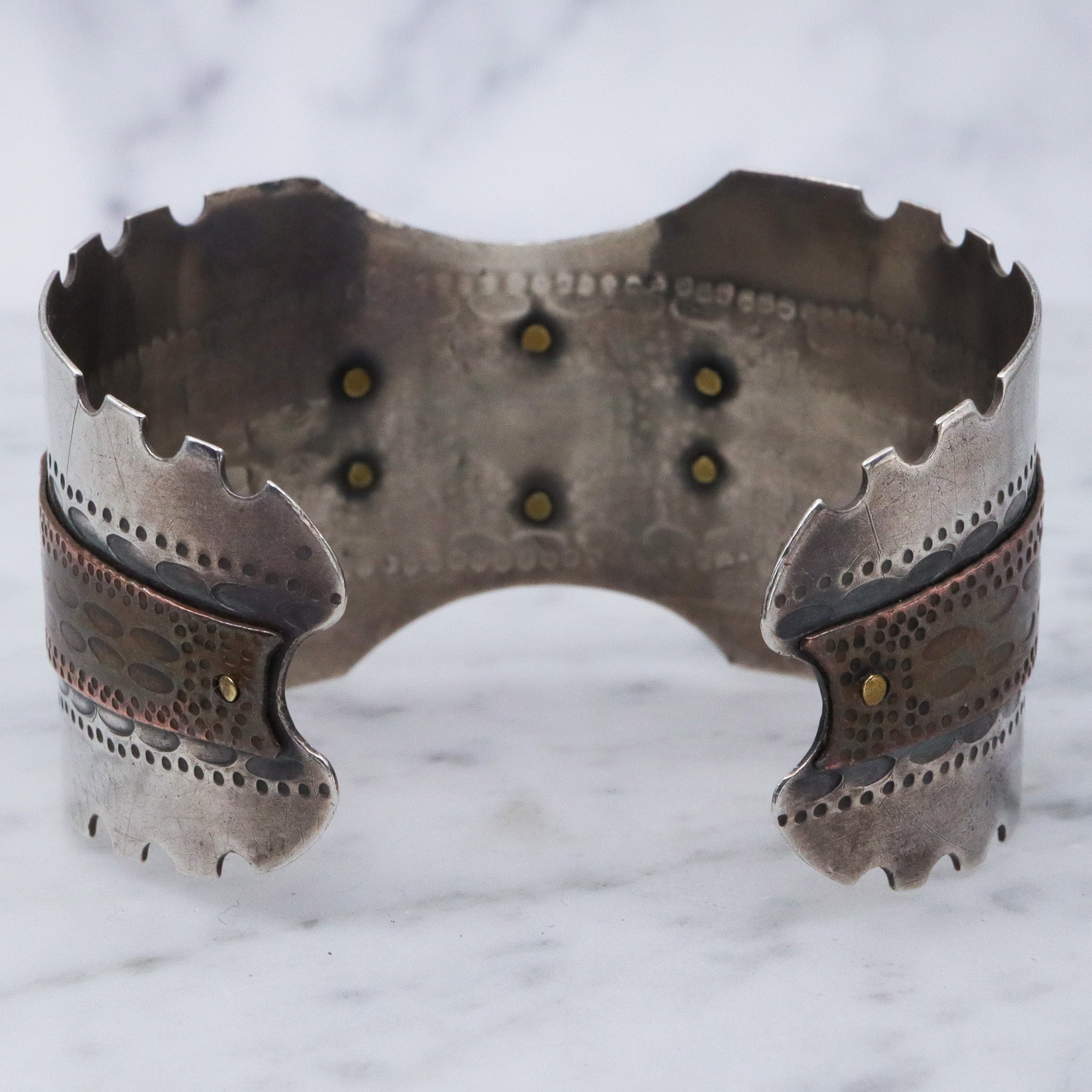 Vintage sterling silver & copper cuff bracelet with cats eye cabochon