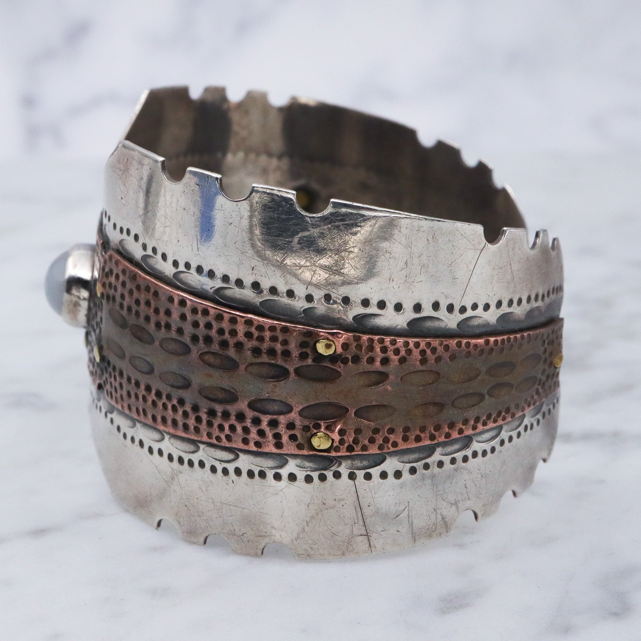Vintage sterling silver & copper cuff bracelet with cats eye cabochon