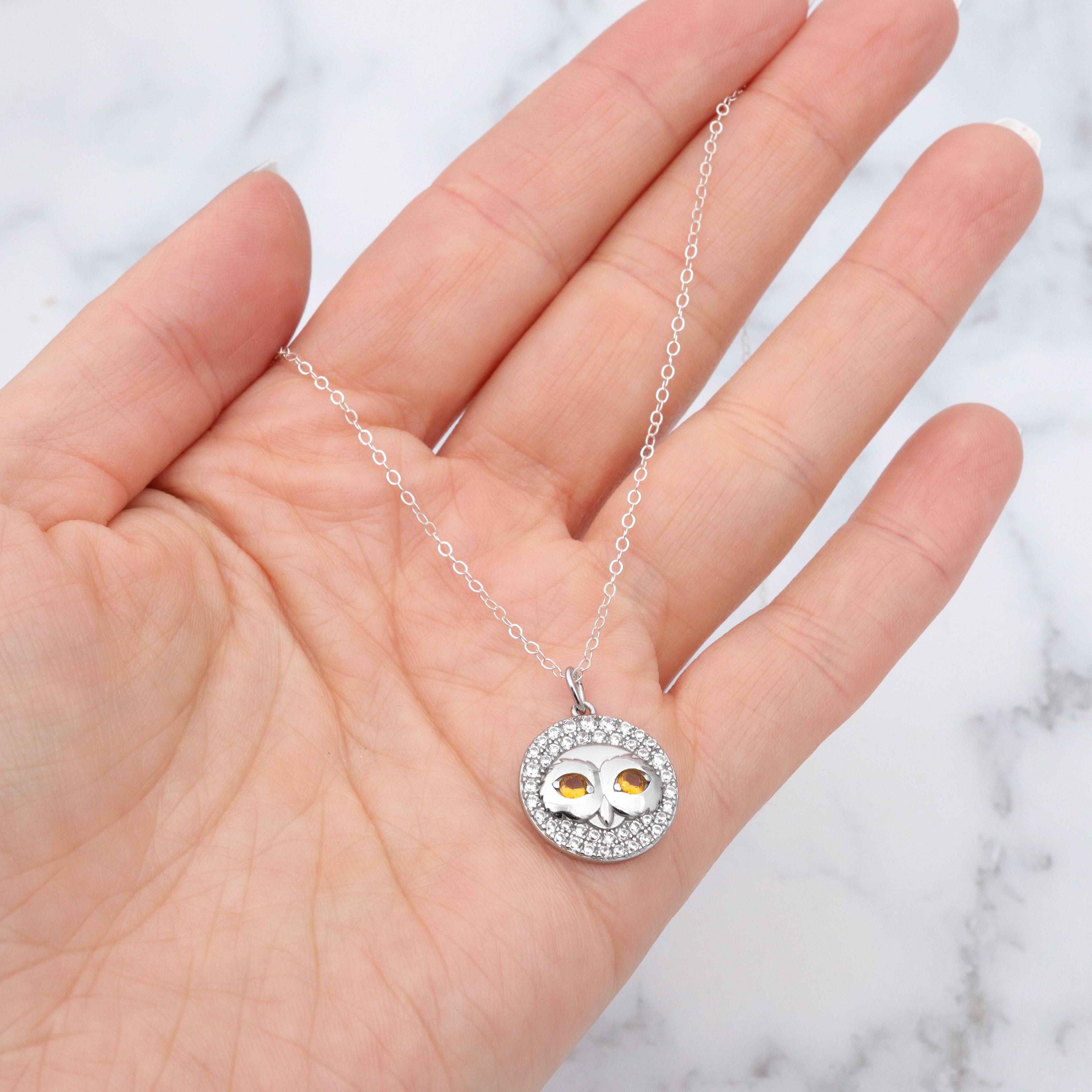 Vintage sterling, citrine glass and cubic zirconia owl pendant