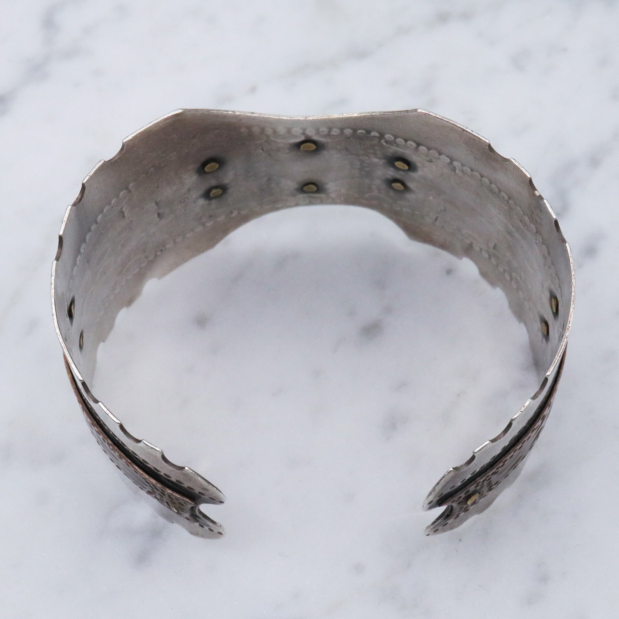 Vintage sterling silver & copper cuff bracelet with cats eye cabochon