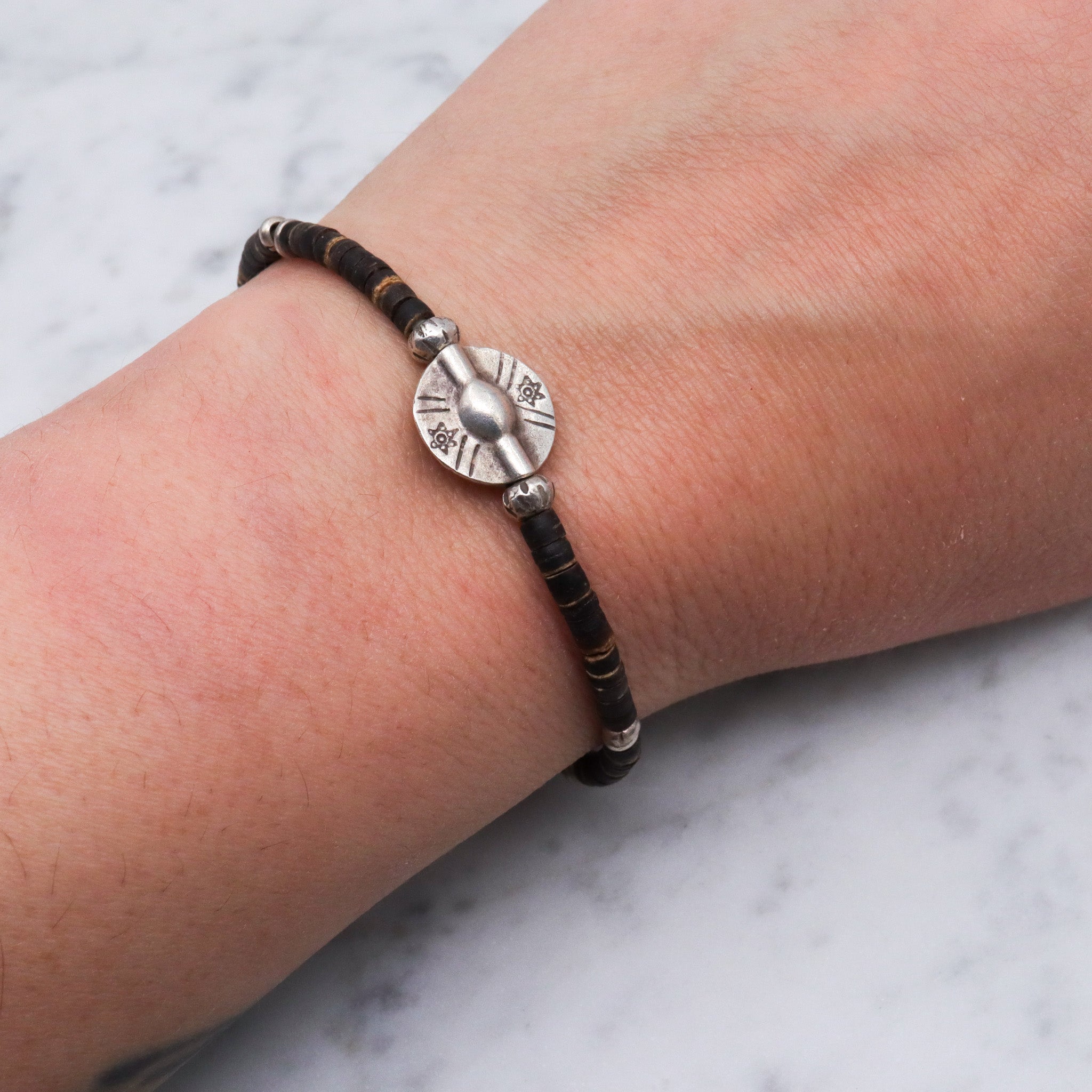 Vintage heishi shell bead sterling silver bracelet