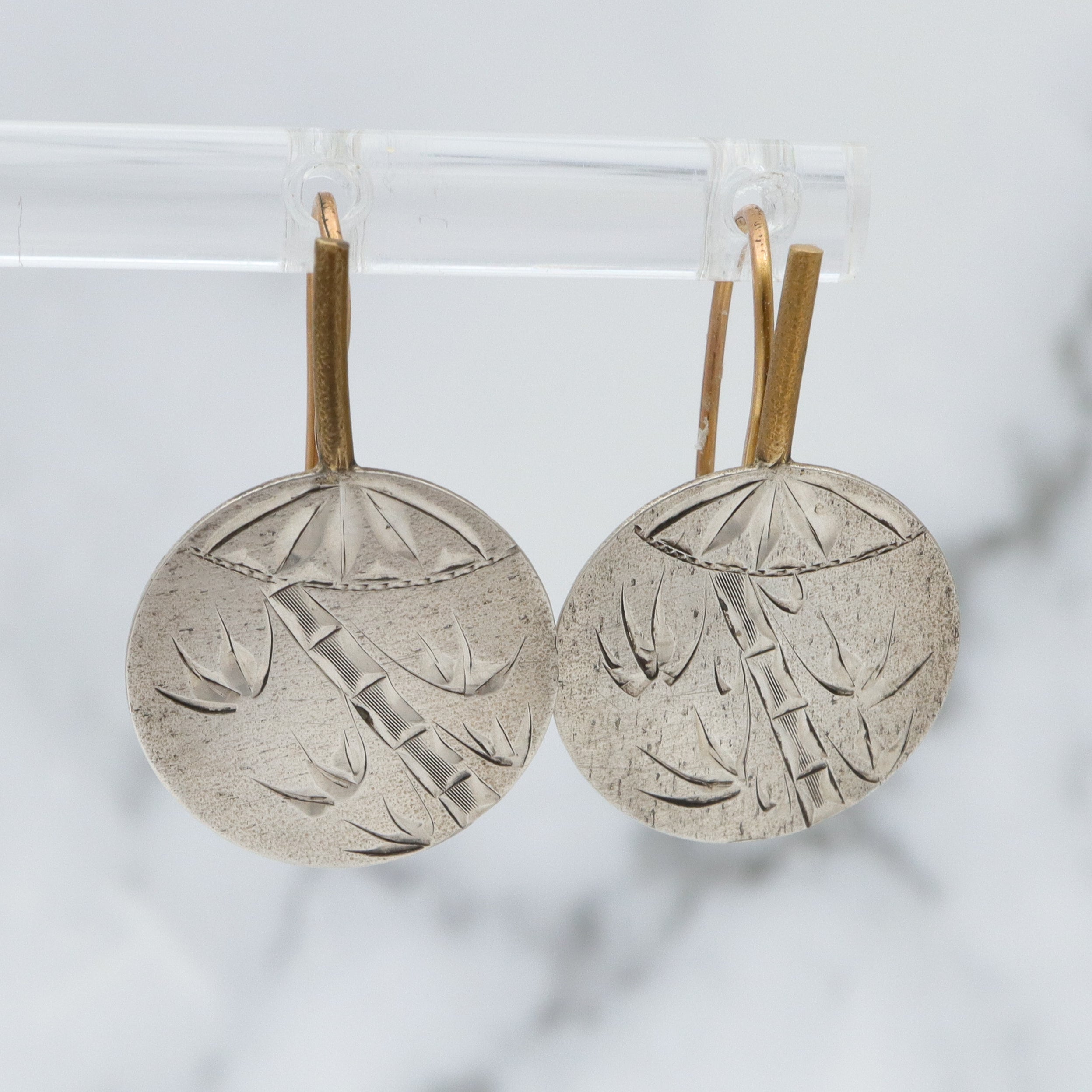 Antique Aesthetic Period hand engraved sterling and brass chinoiserie fan hook earrings