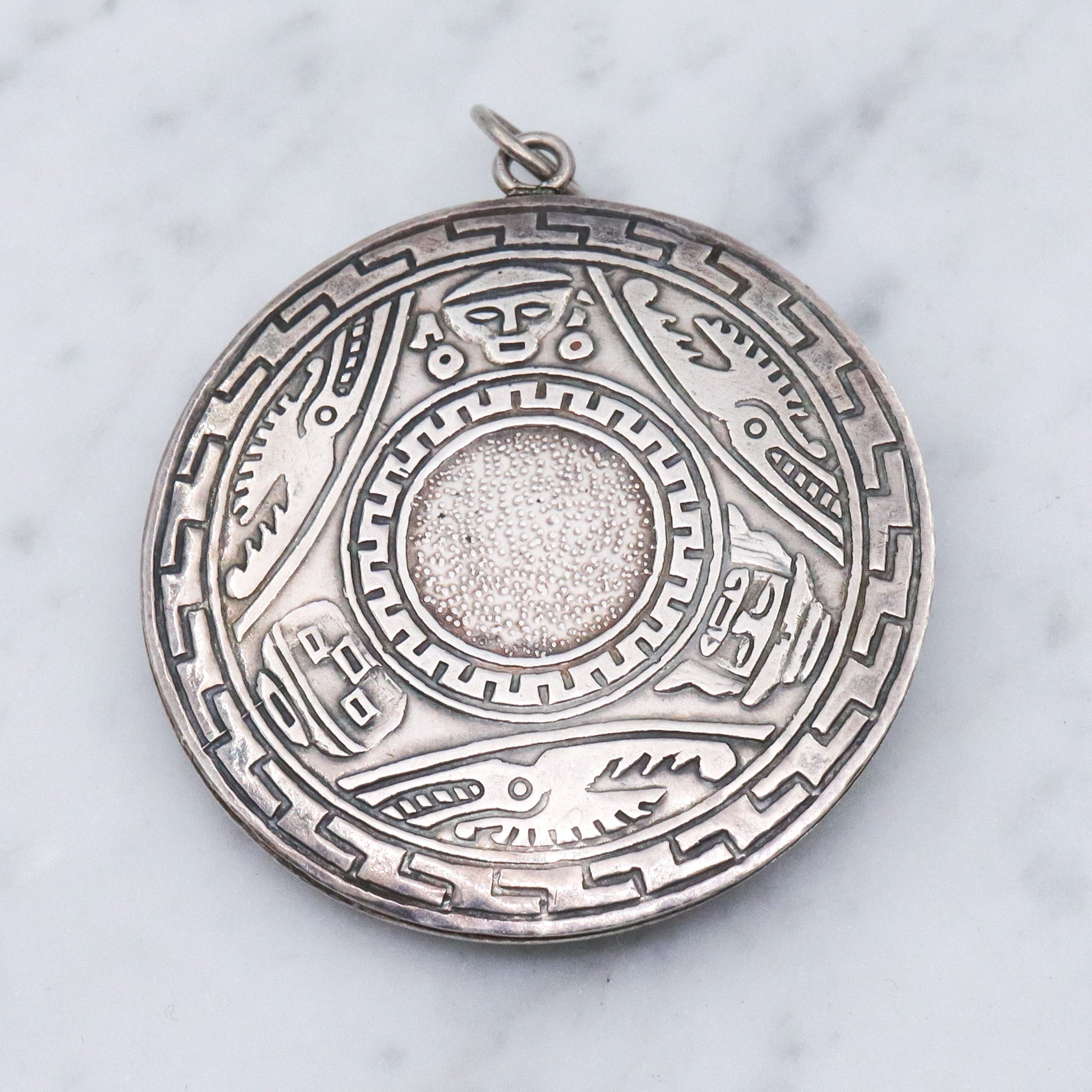 Vintage Peruvian sterling silver raw emerald pendant medallion