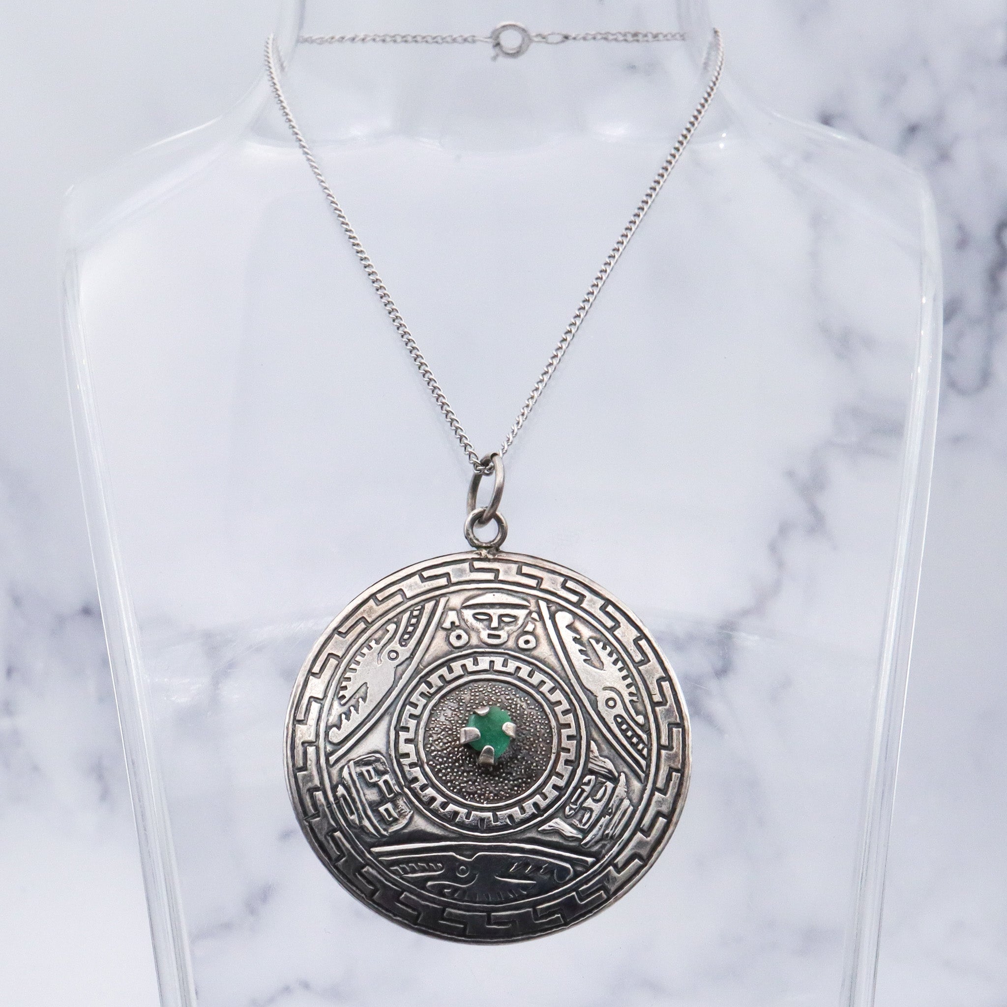 Vintage Peruvian sterling silver raw emerald pendant medallion