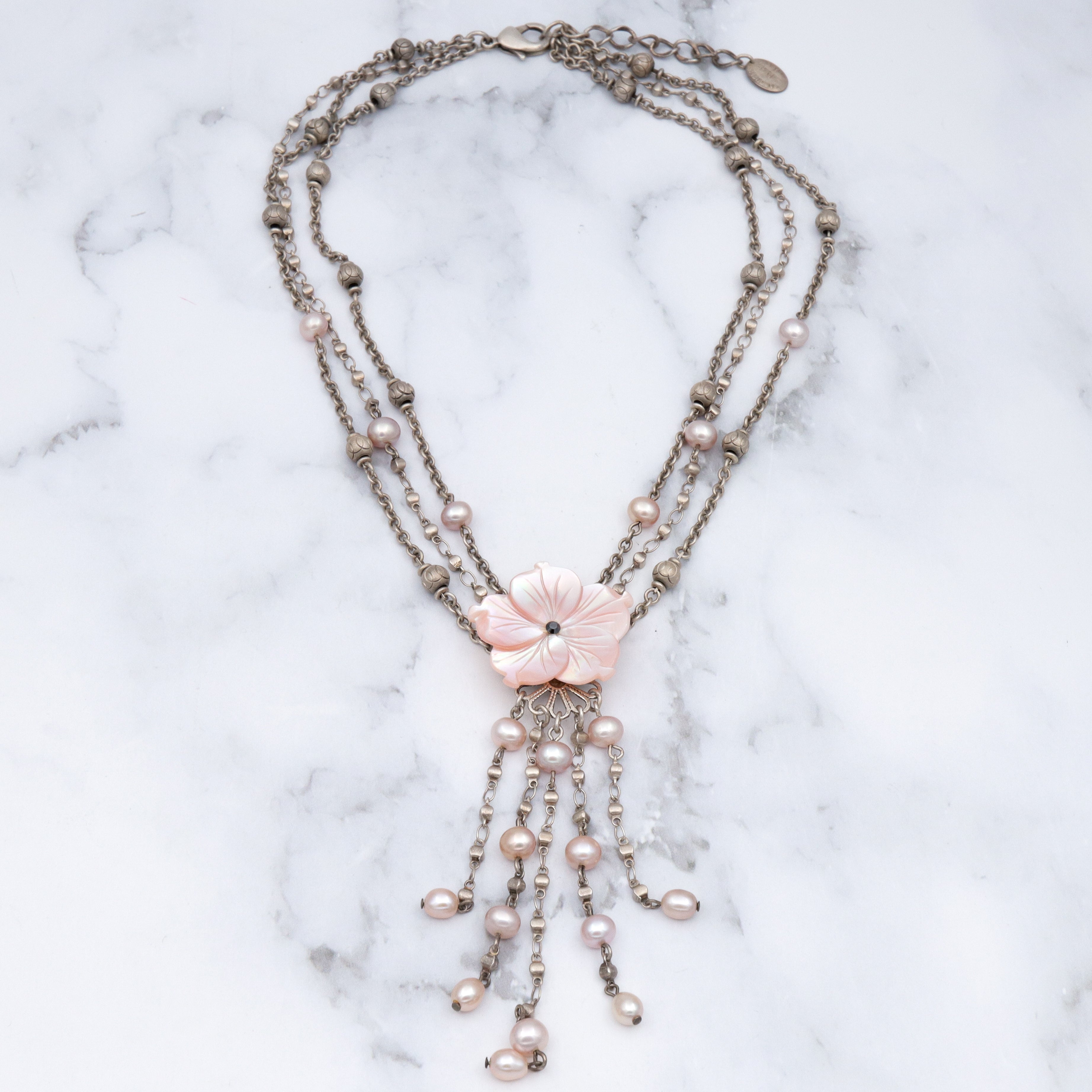 Retro Jacqueline Singh Paris mother of pearl beaded silver plated 3 strand necklace