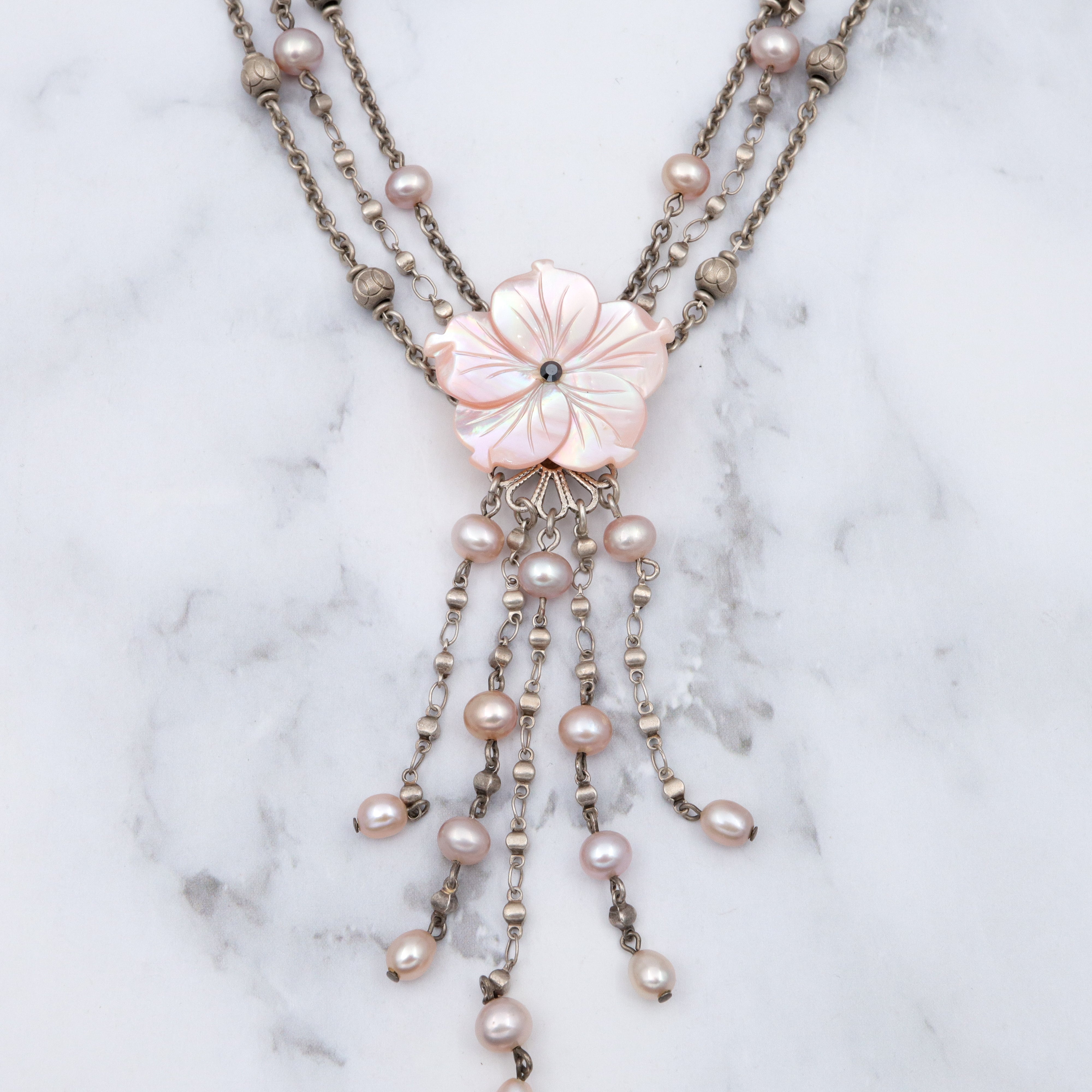 Retro Jacqueline Singh Paris mother of pearl beaded silver plated 3 strand necklace