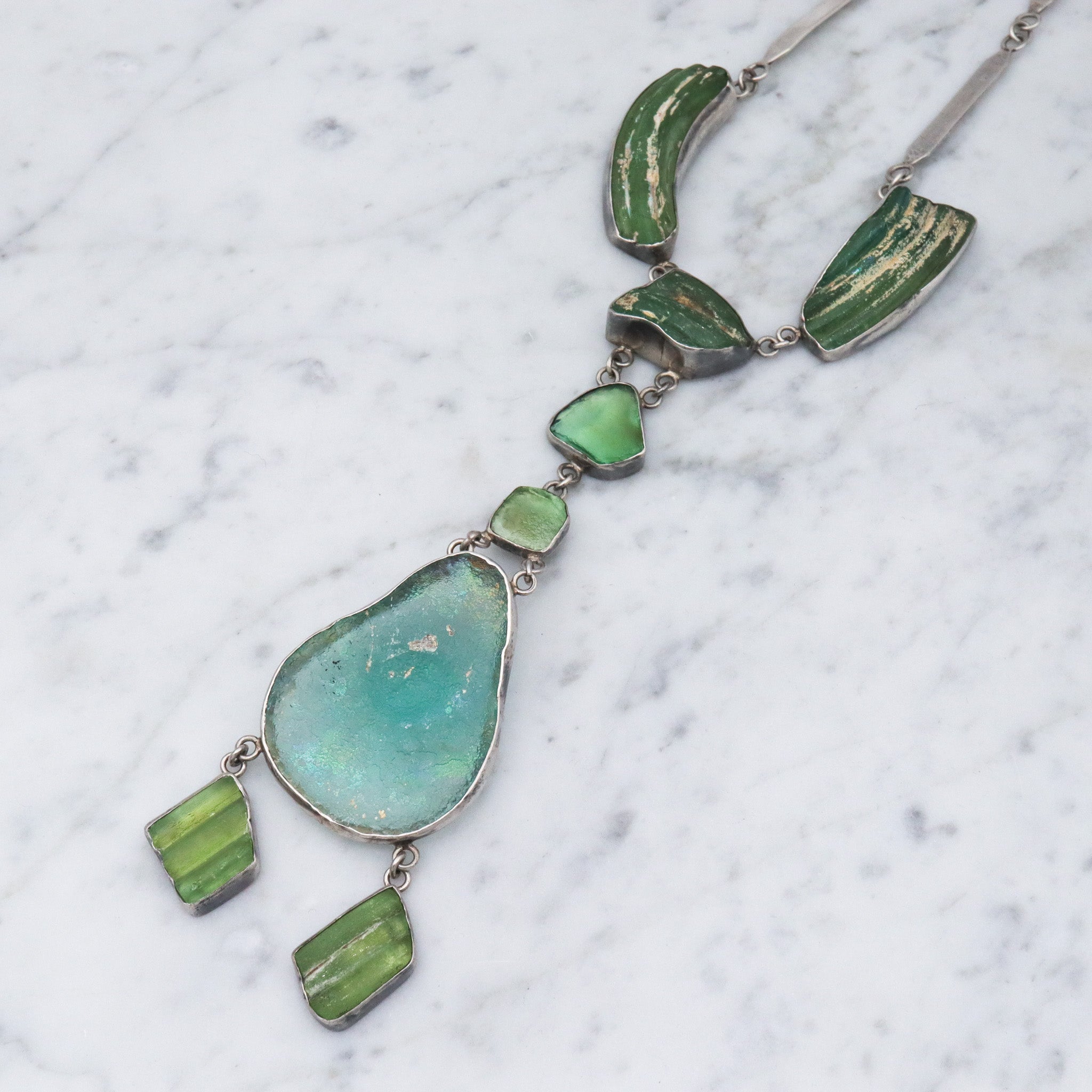 Vintage handmade Israel sterling silver ancient Roman glass lavalier style necklace