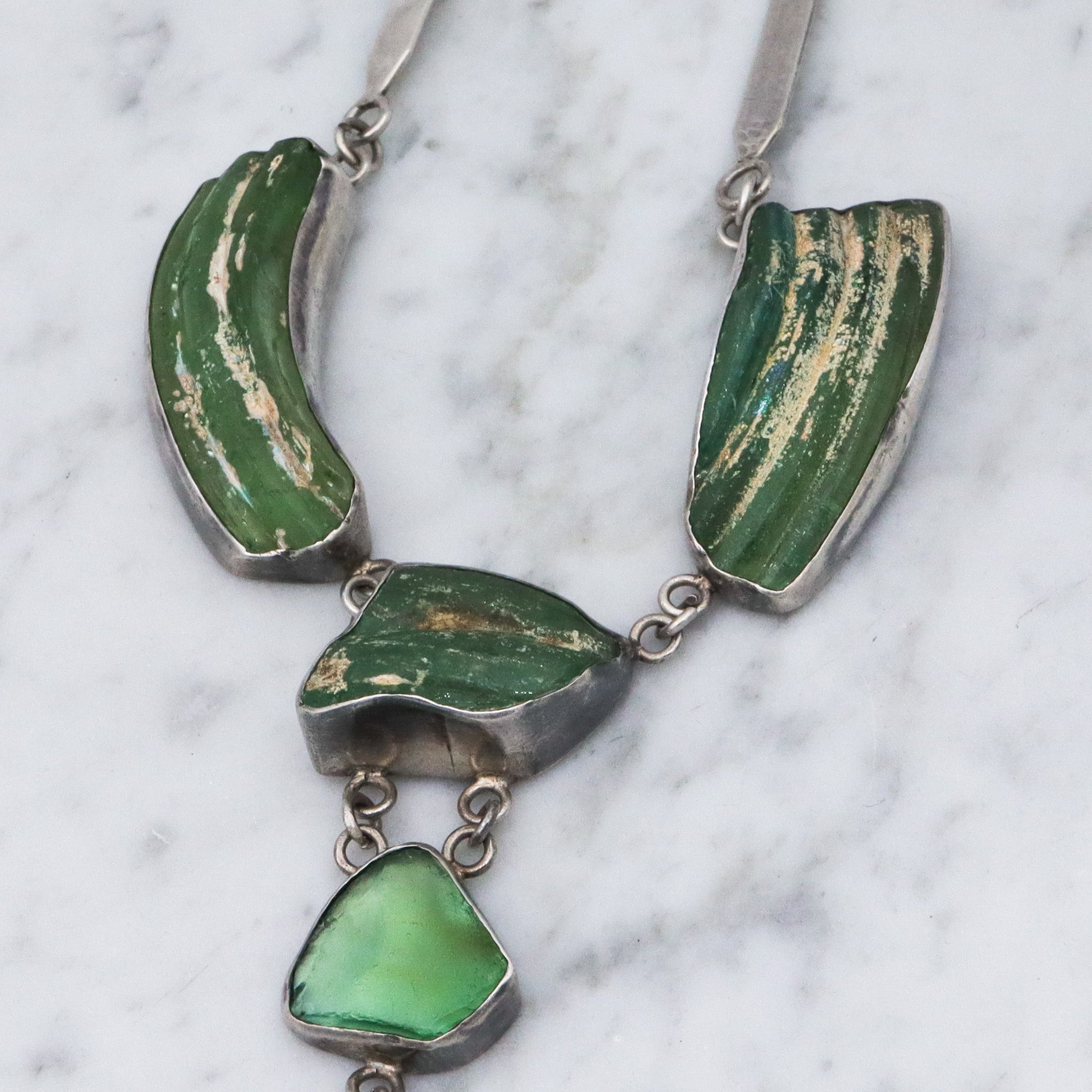 Vintage handmade Israel sterling silver ancient Roman glass lavalier style necklace