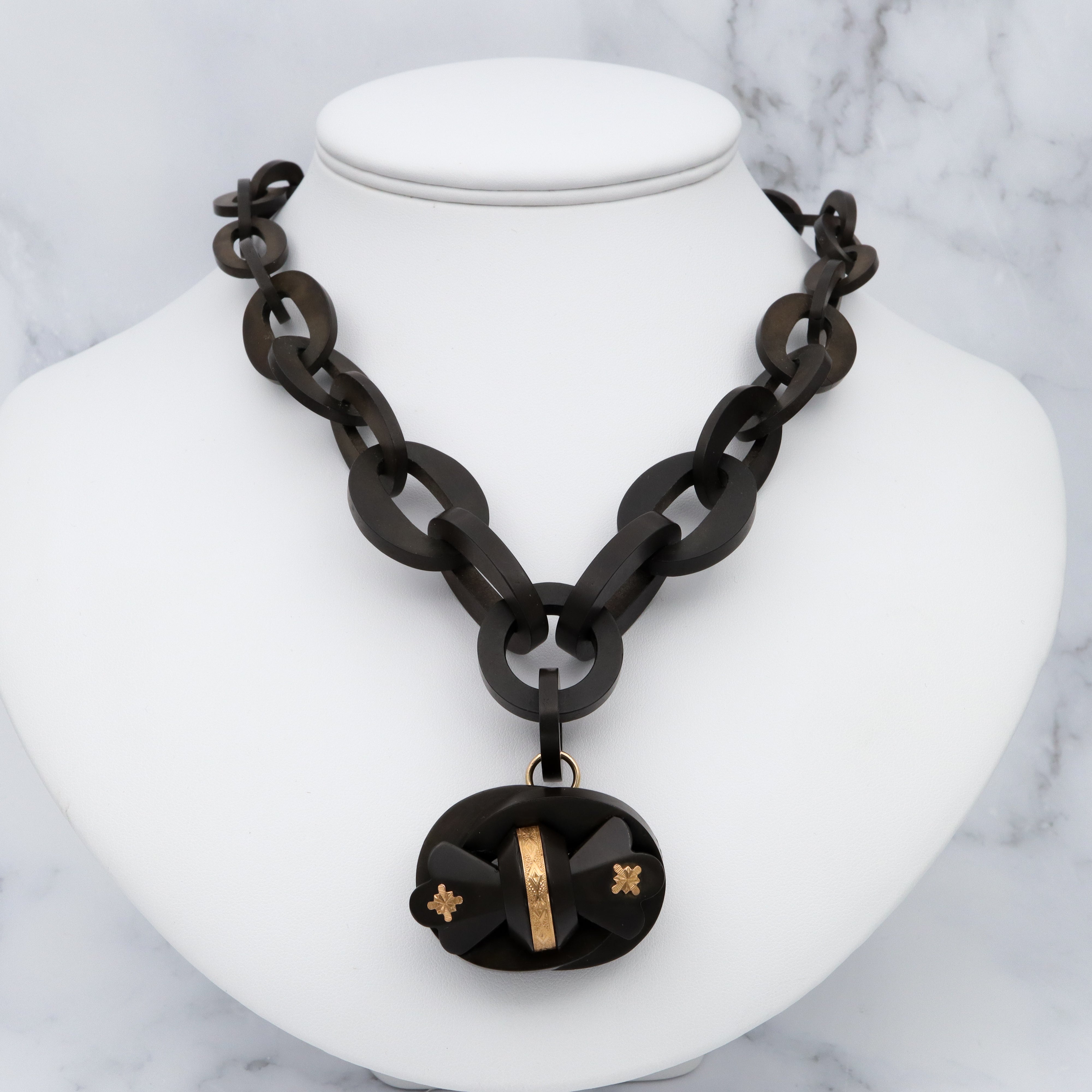 Antique Victorian gutta percha large link necklace with gold overlay