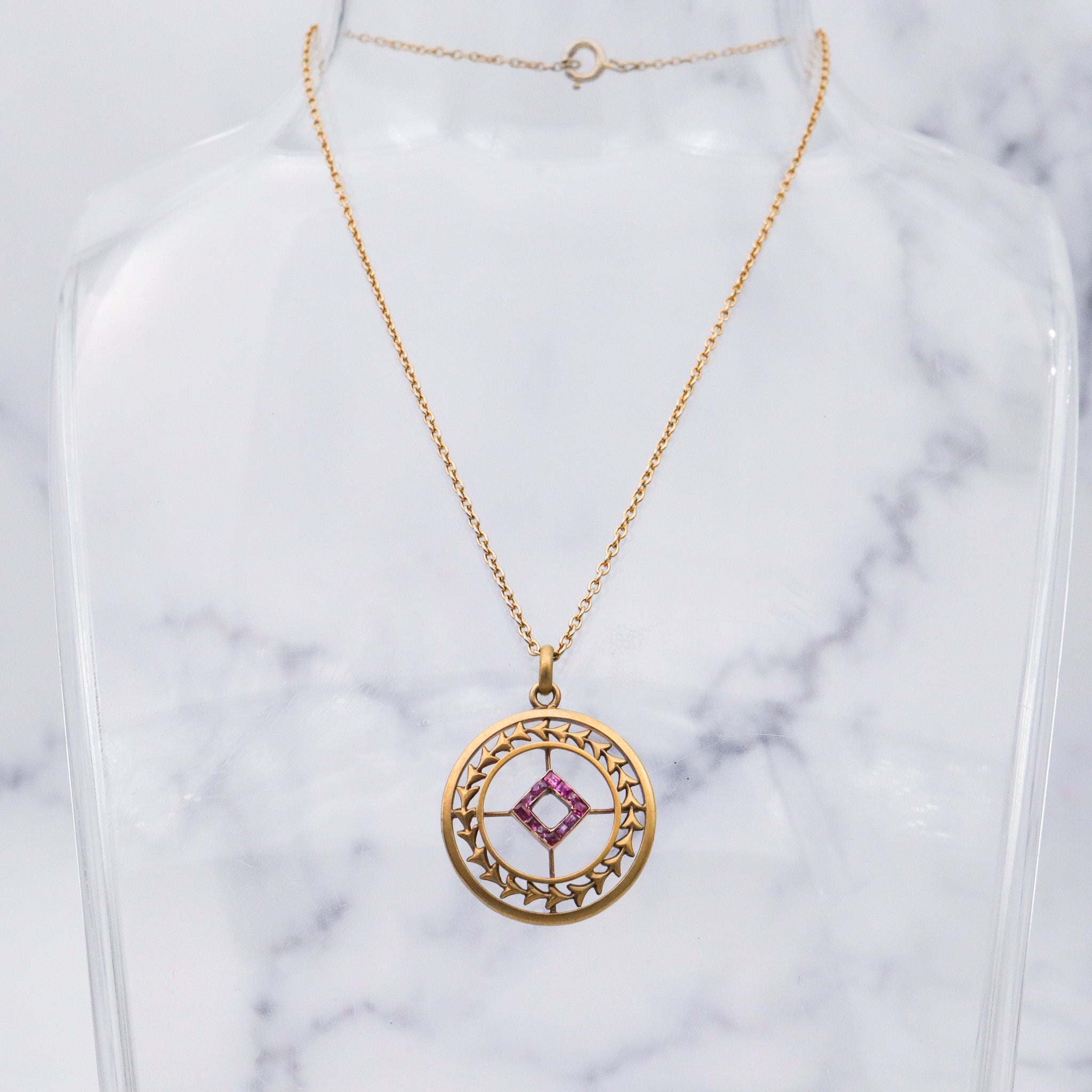 Antique Art Deco 14k gold ruby circle pendant