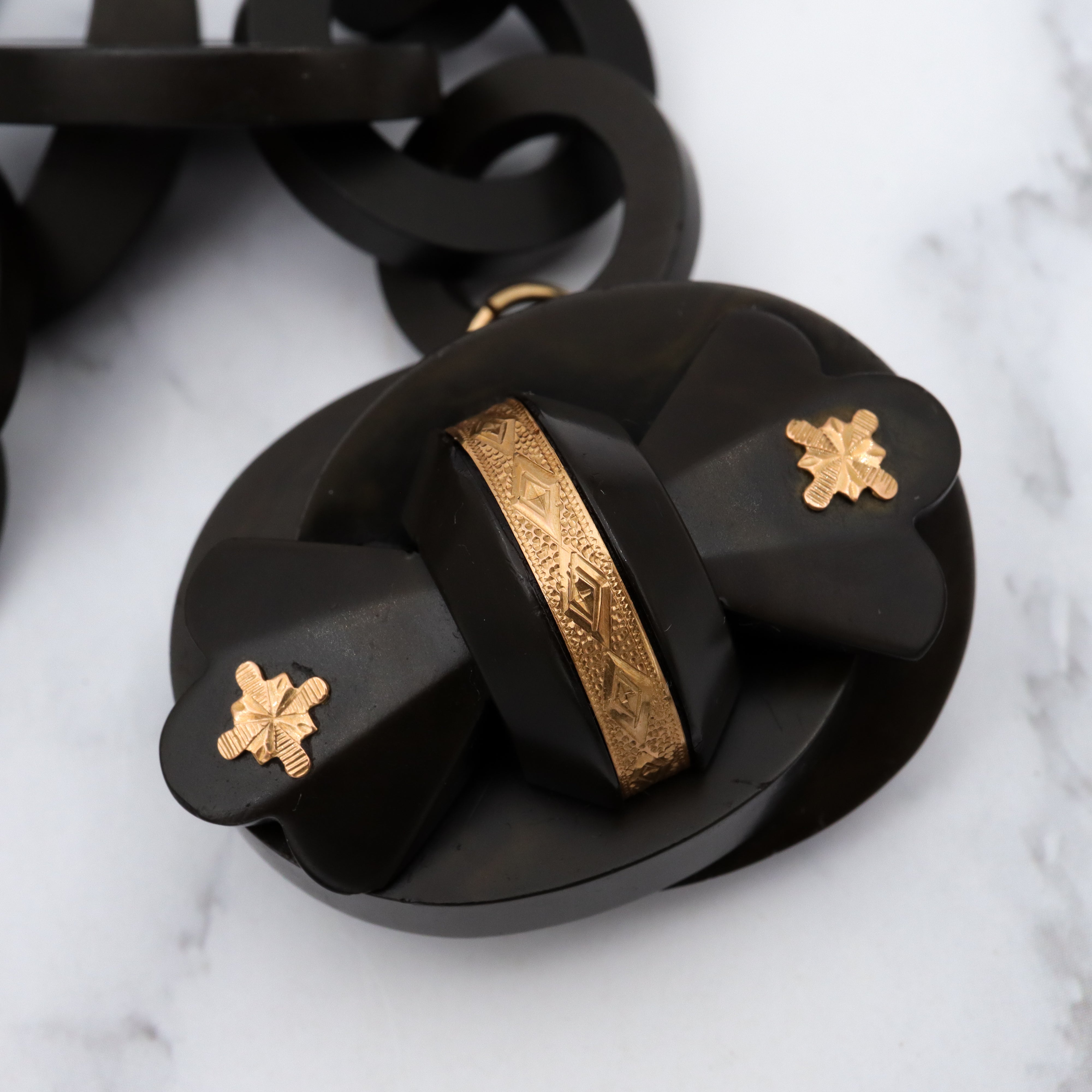 Antique Victorian gutta percha large link necklace with gold overlay