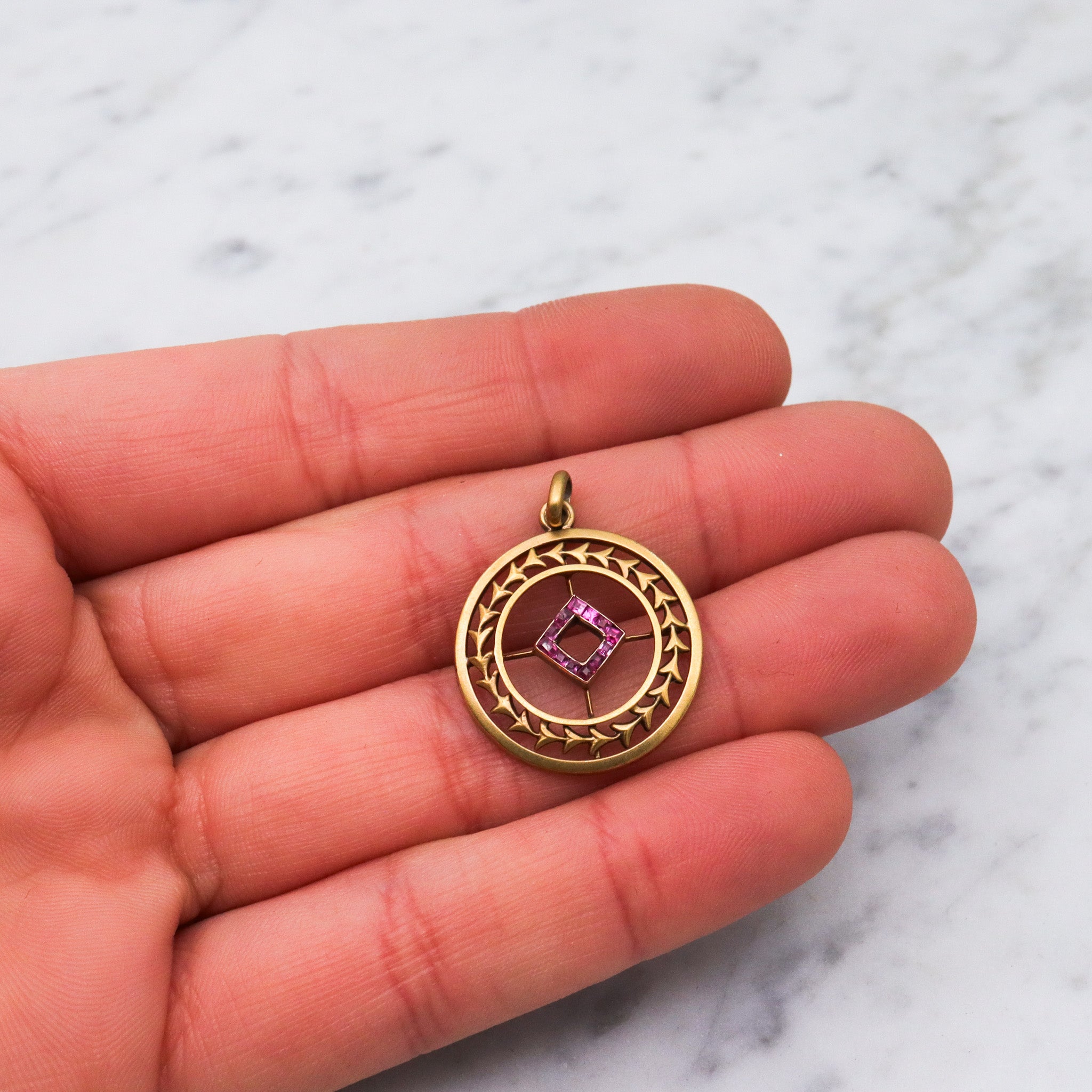 Antique Art Deco 14k gold ruby circle pendant