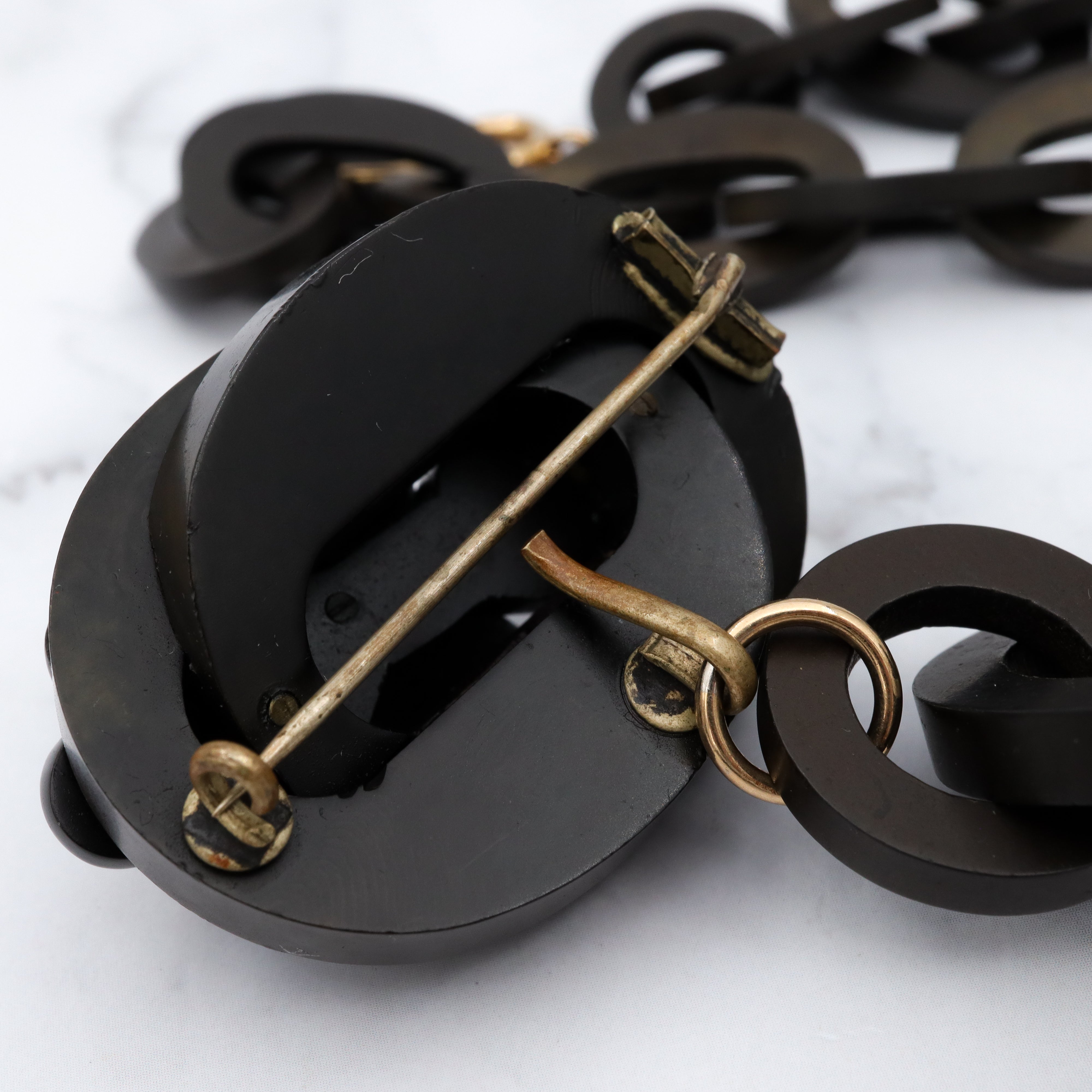 Antique Victorian gutta percha large link necklace with gold overlay