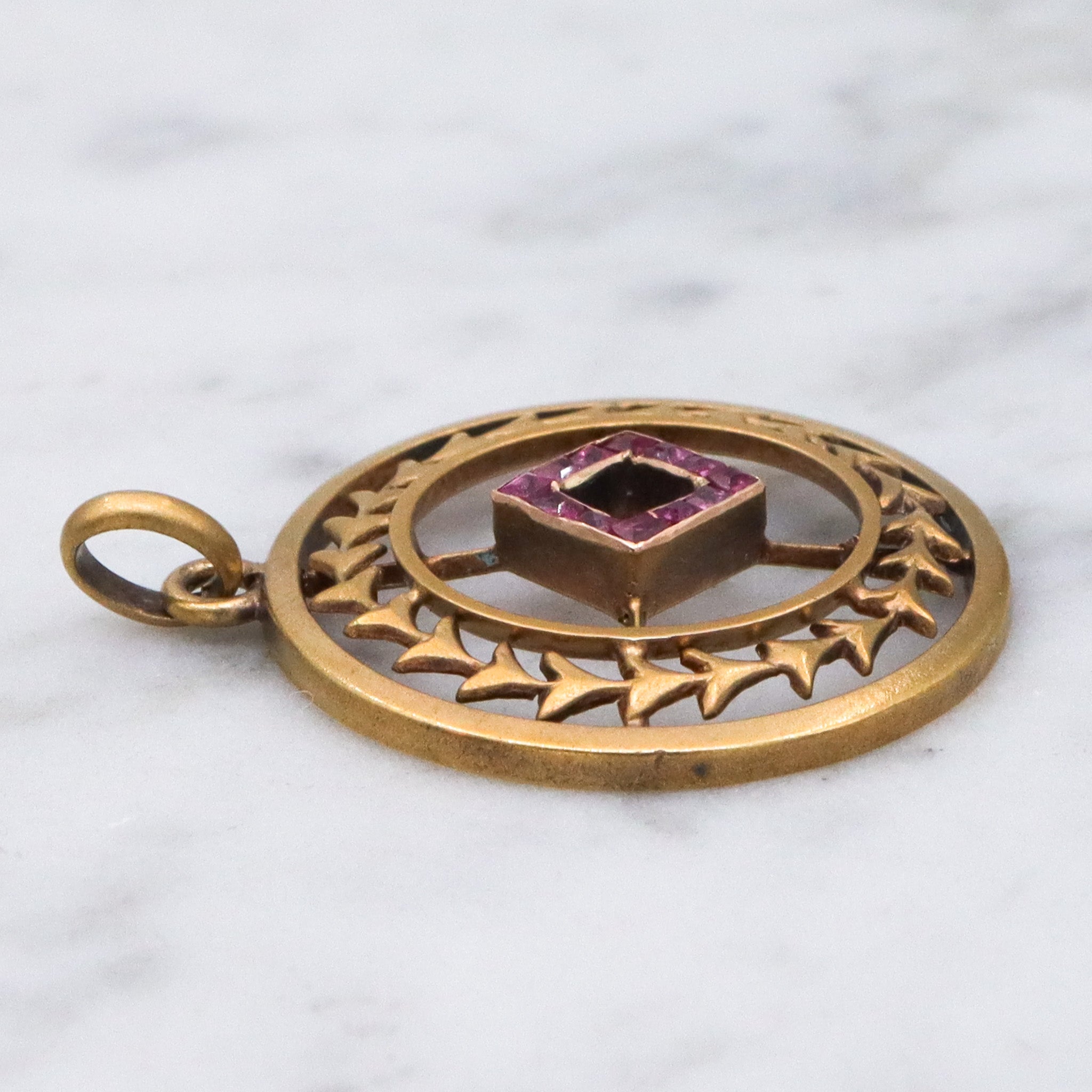 Antique Art Deco 14k gold ruby circle pendant