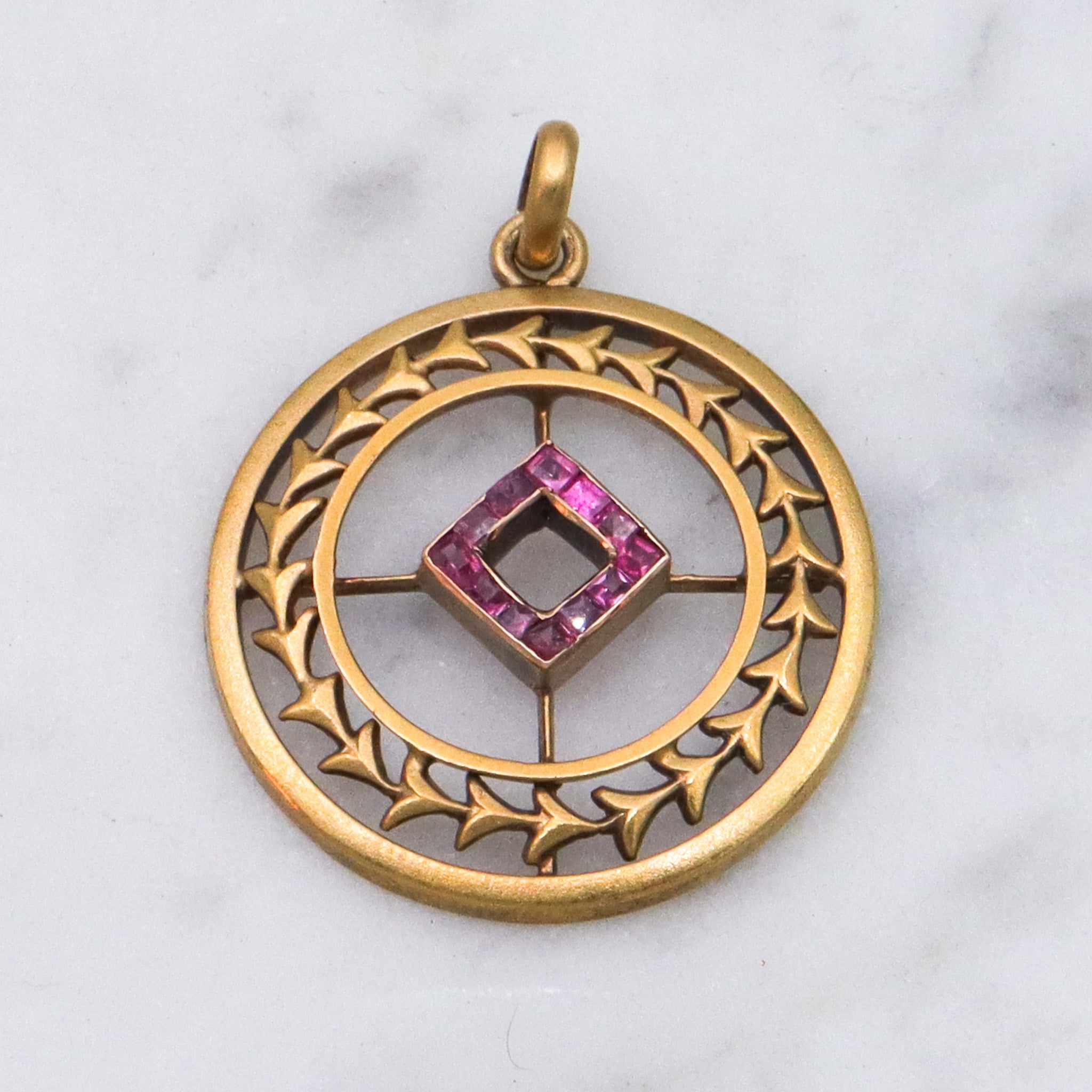 Antique Art Deco 14k gold ruby circle pendant
