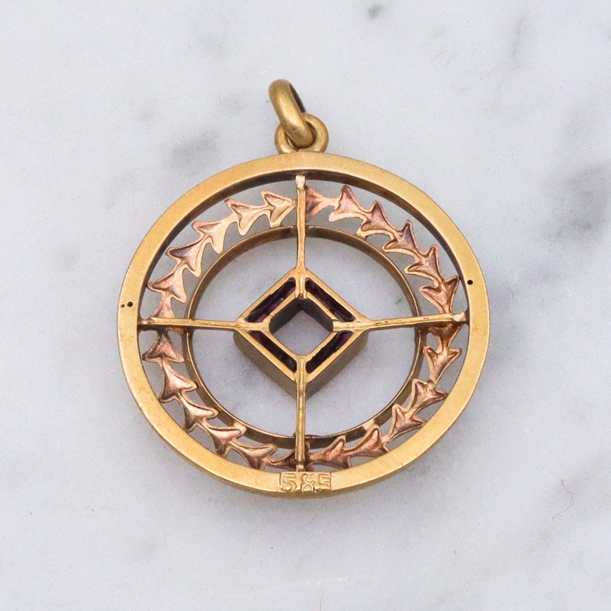 Antique Art Deco 14k gold ruby circle pendant