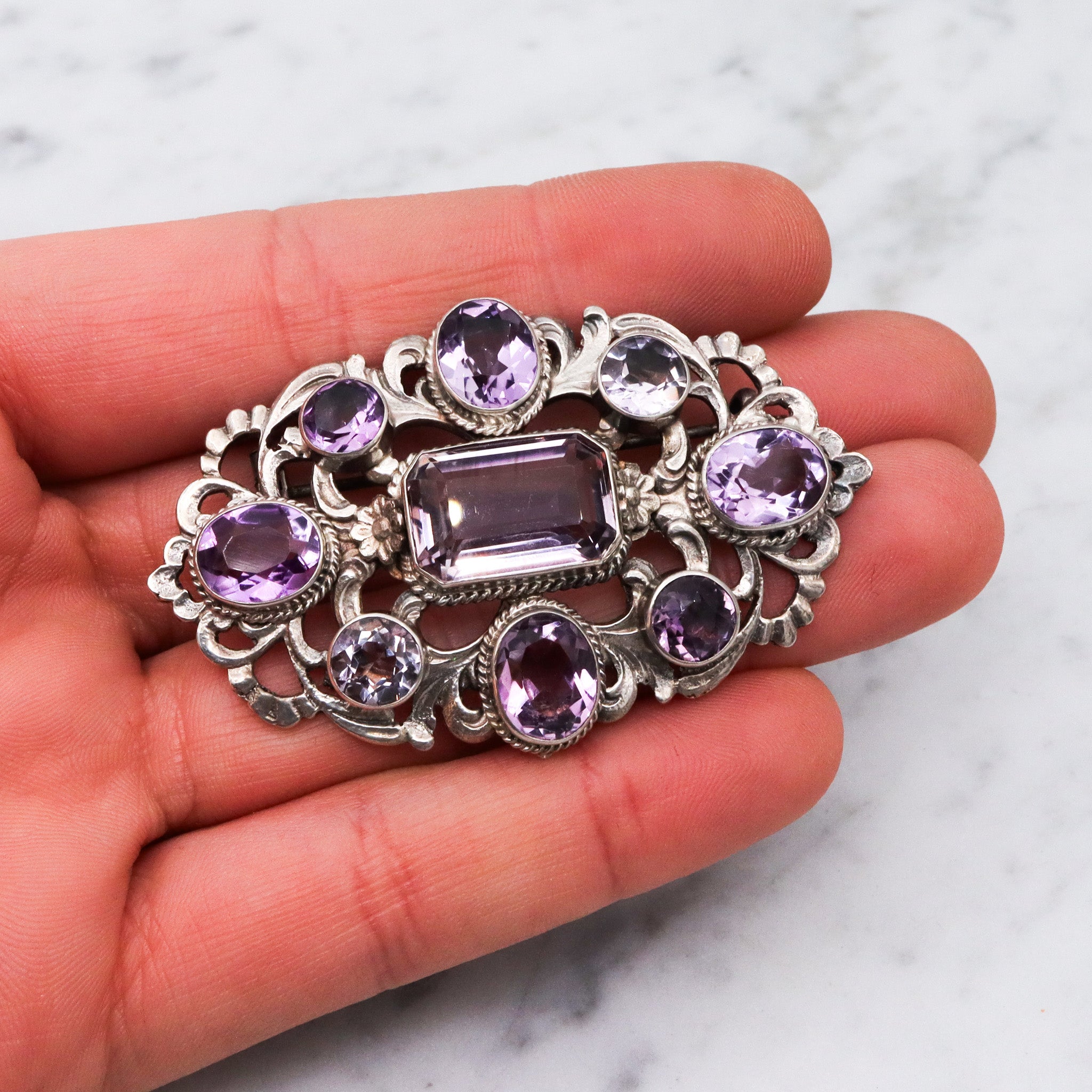 Antique Victorian sterling silver amethyst brooch